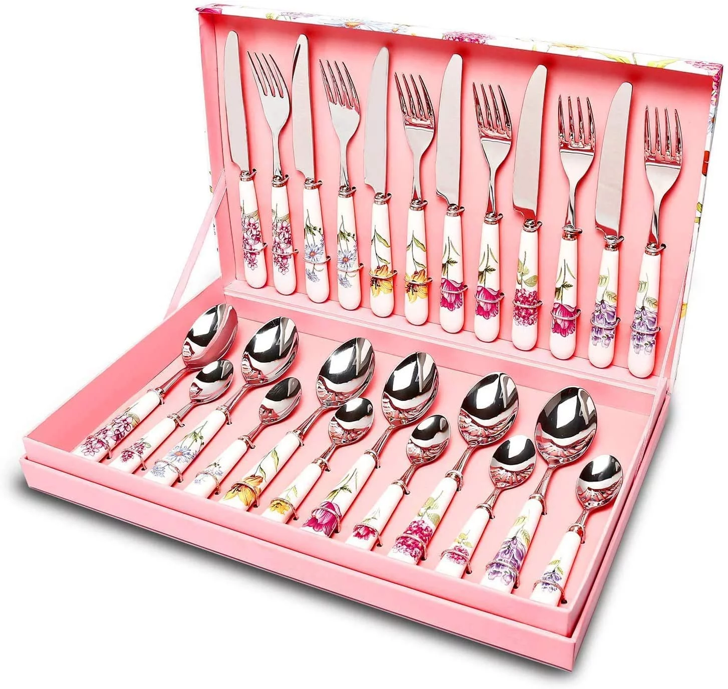 24 Pcs Stainless Steel Flatware Set - Dinner Knives, Forks and Spoons for Dessert & Dinner, Silverware Service for 6 With Ceramic Handle