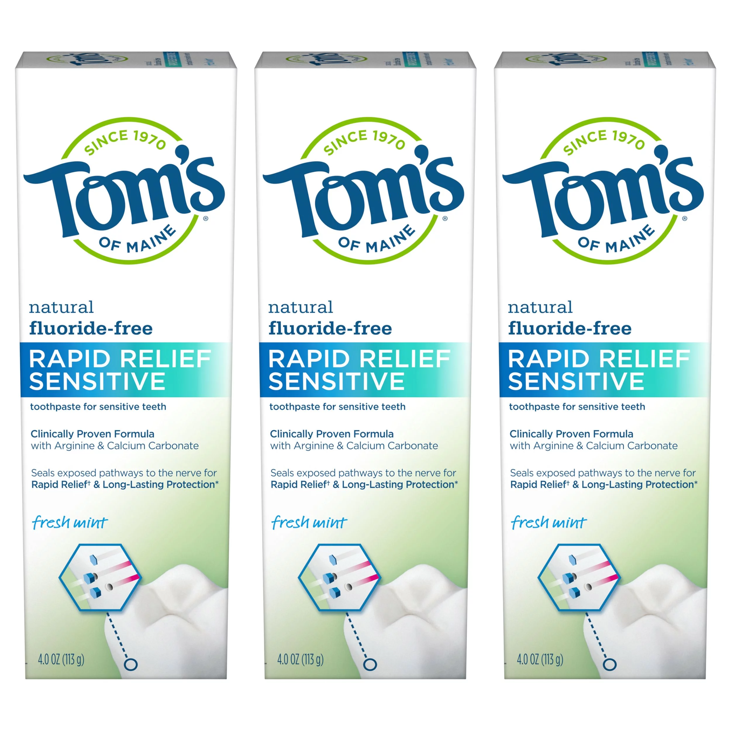 Tom's of Maine Fluoride-Free Rapid Relief Sensitive Natural Toothpaste, Fresh Mint, 4 Ounce, 3-Pack