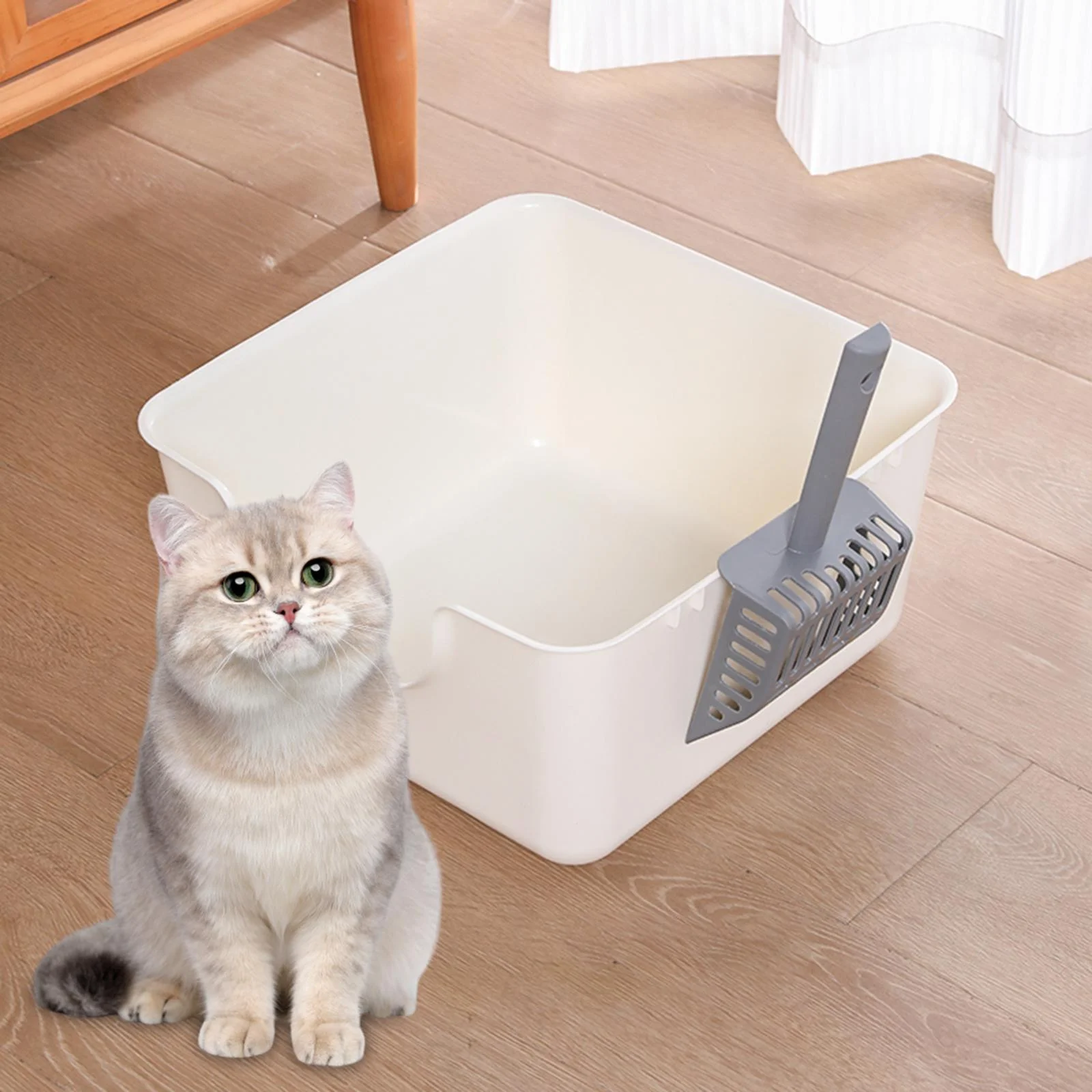 DOLITY Open Top Pet Litter Tray Anti Splashing with Cat Litter er Cat White
