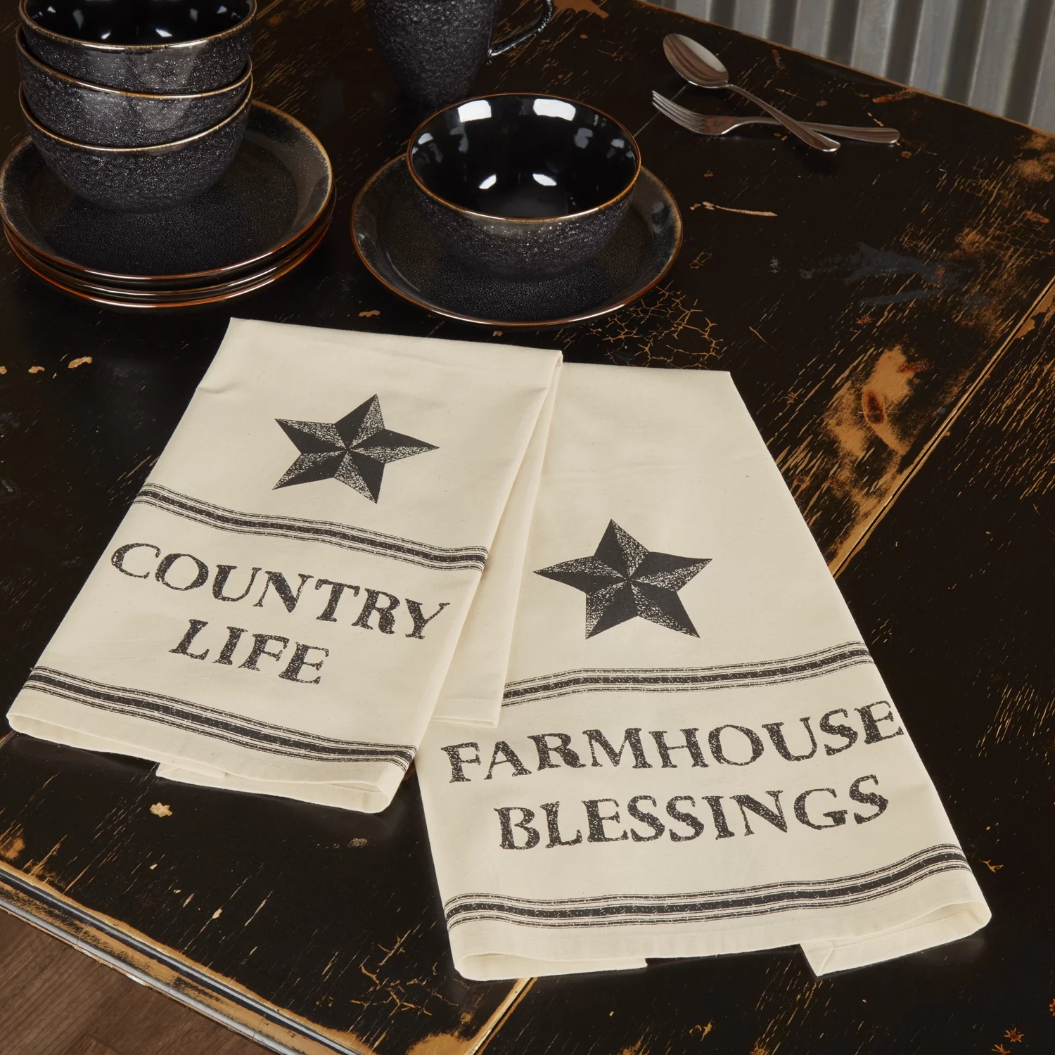 VHC Brands Farmhouse Star Country Life Blessings Text Muslin Cotton Primitive Thanksgiving Tabletop Fabric Loop Stenciled Kitchen Towel Set of 2, Antique Creme White