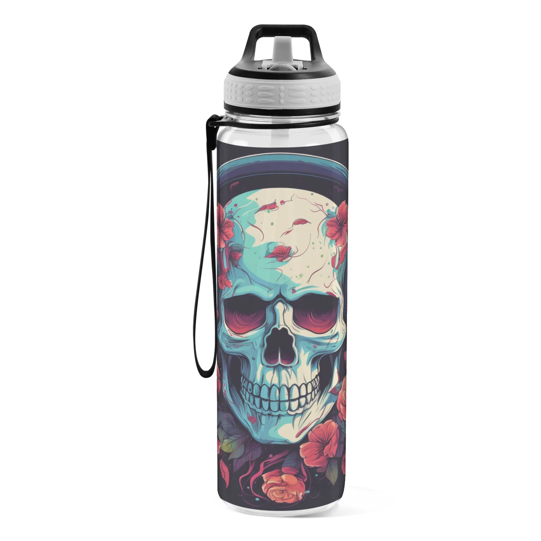 Magic Skeleton with Floral Listening 32oz Sports Water Bottles Leakproof Tritan Bottle with Straw BPA Free Clear Bottle for Fitness Gym Outdoor Cycling