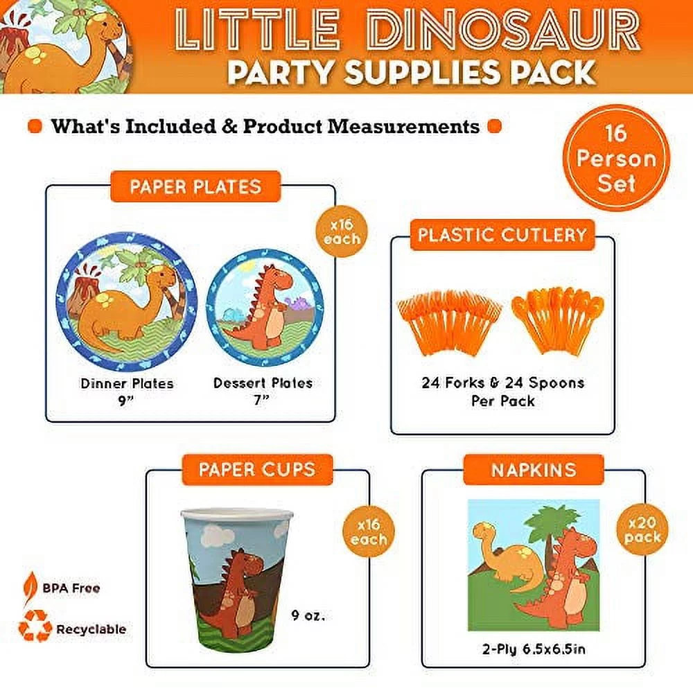 Blue Orchards Little Dinosaur Party Supplies Packs (113+ Pieces for 16 Guests!), 1st Birthday Tableware, Dinosaur Party Supplies, Dinosaur Baby Shower Supplies