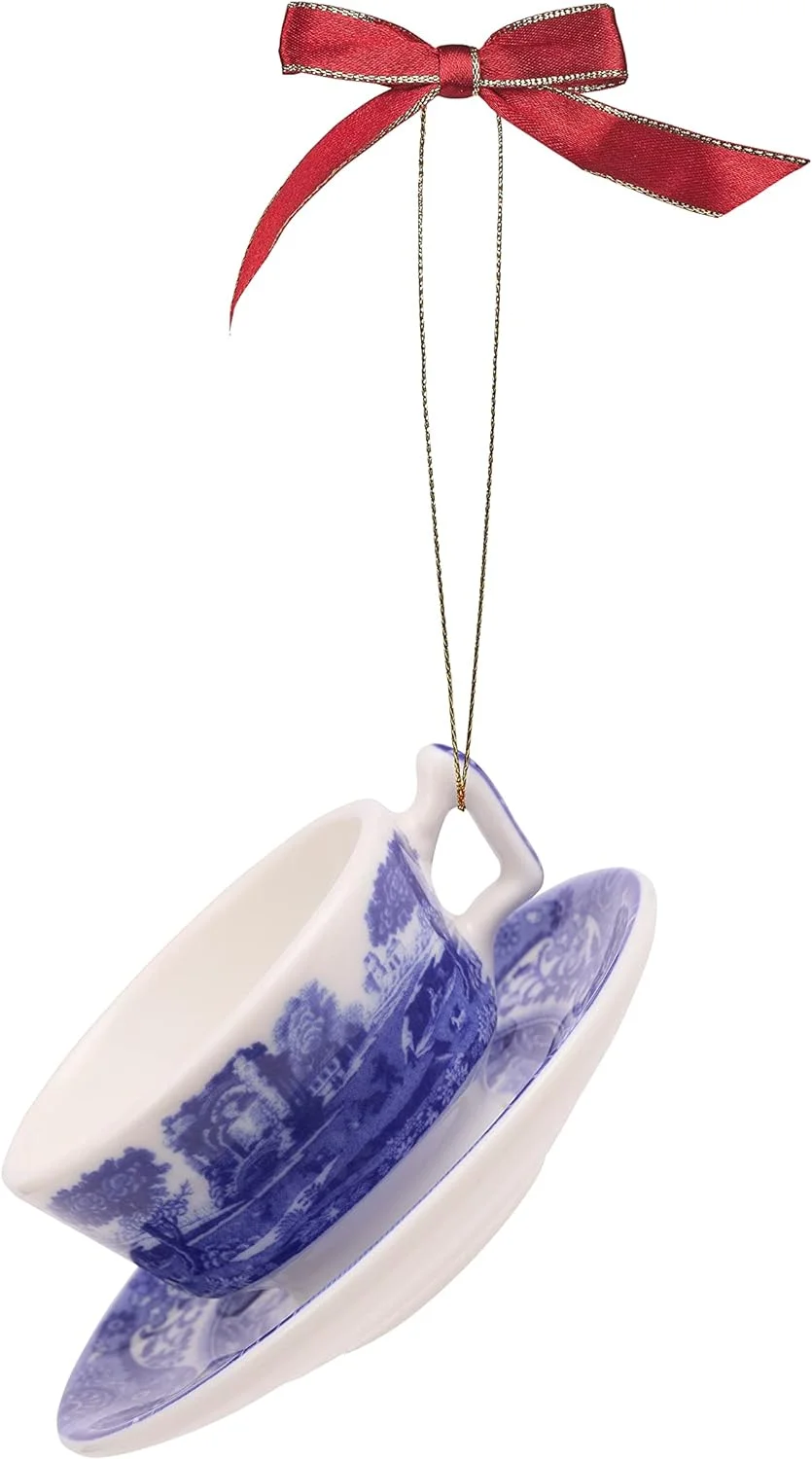 Spode Blue Italian Collection, 3 Piece Tea Set Ornaments, Teapot, , & A Teacup & Saucer, Use As A Napkin Ring, Hanging Ornament, Gift, Or Home Decoration