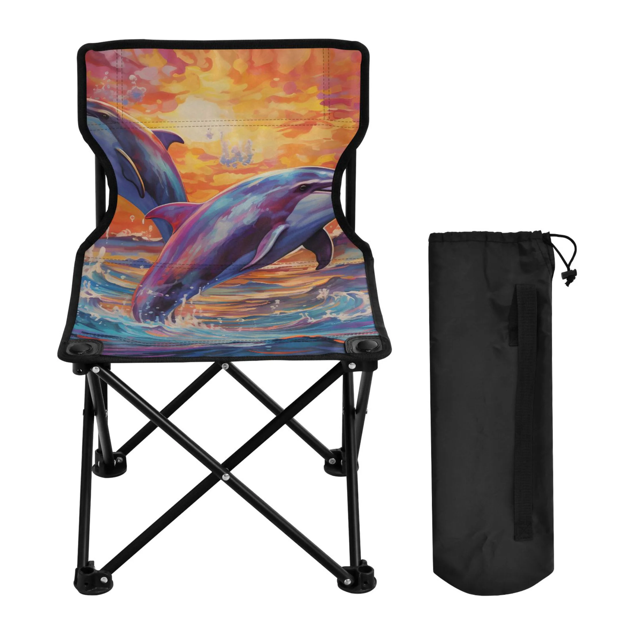 Dolphins on Sea Portable Camping Chair Outdoor Folding Beach Chair Fishing Chair Lawn Chair with Carry Bag Support to 220LBS