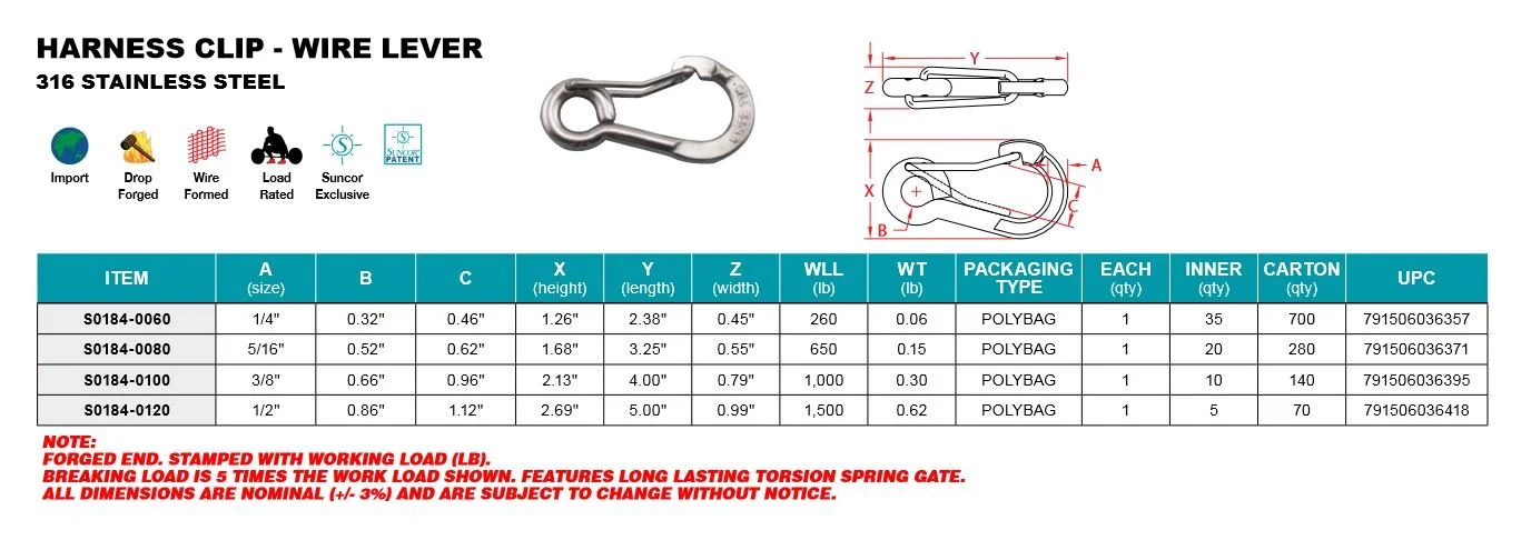 316 STAINLESS STEEL HARNESS CLIP WIRE LEVER CARABINER 3/8