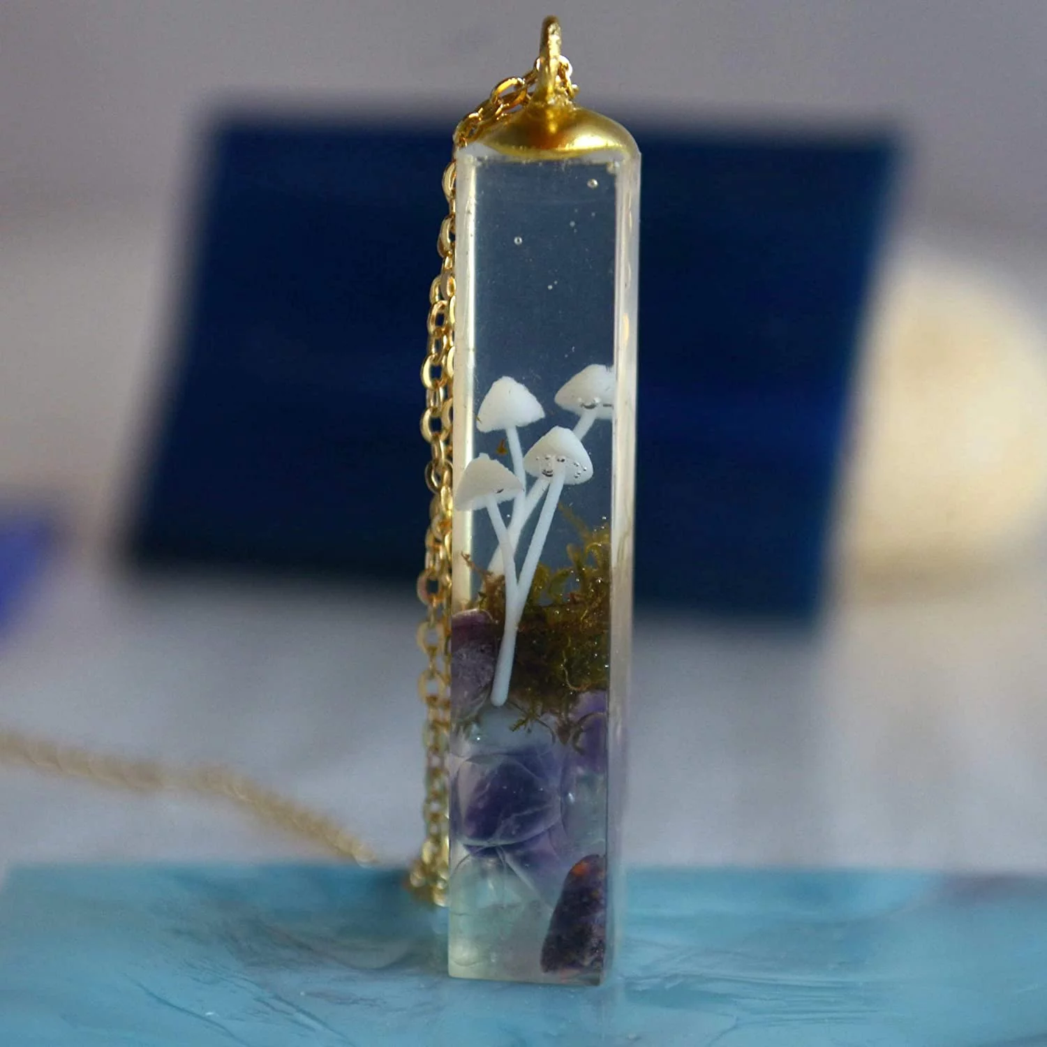 Mushroom necklace terrarium moss jewelry cube resin pendant gold plated mushroom handmade jewelry