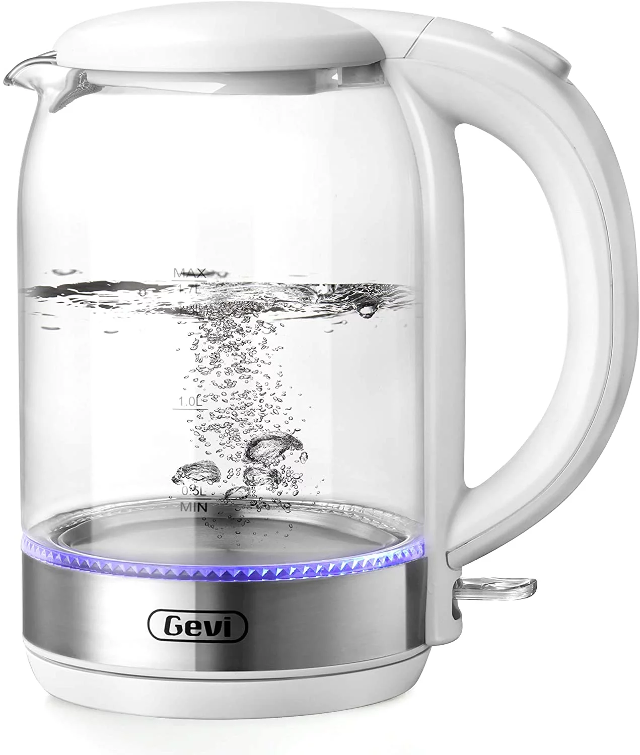 Gevi White Electric Glass Kettle 1.7L Hot Water Boiler with LED Light Kettle Glass