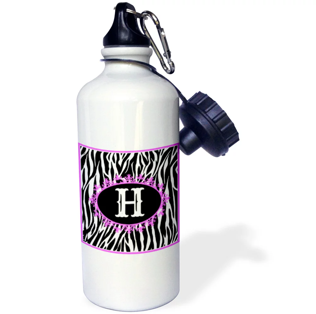 3dRose Monogram with H initial  Zebra print with Hot Pink design, Sports Water Bottle, 21oz
