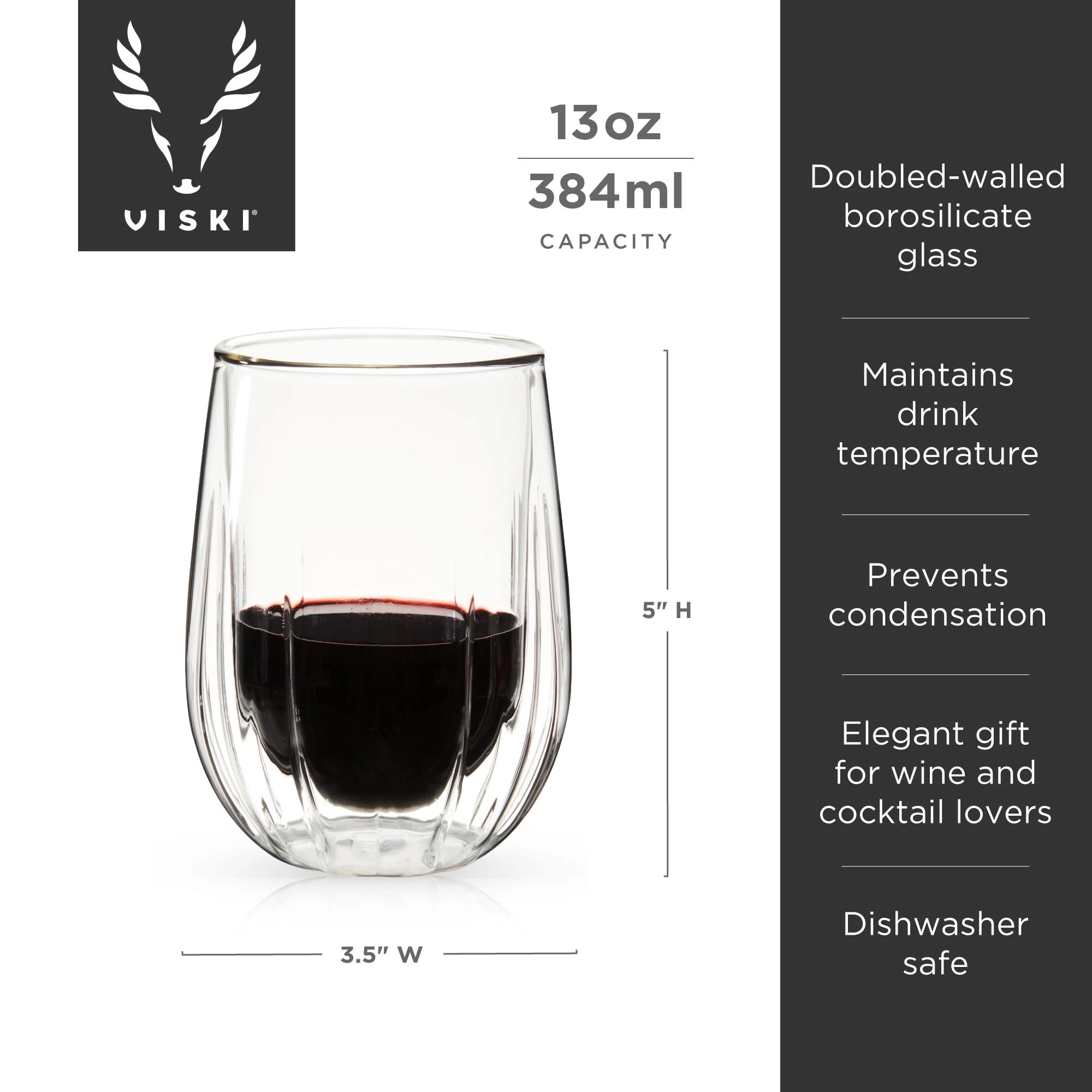 Viski Insulated Wine Glasses - Double Walled Wine Glass Set with Cut Crystal Design - Dishwasher Safe Borosilicate Glass 13oz Set of 2