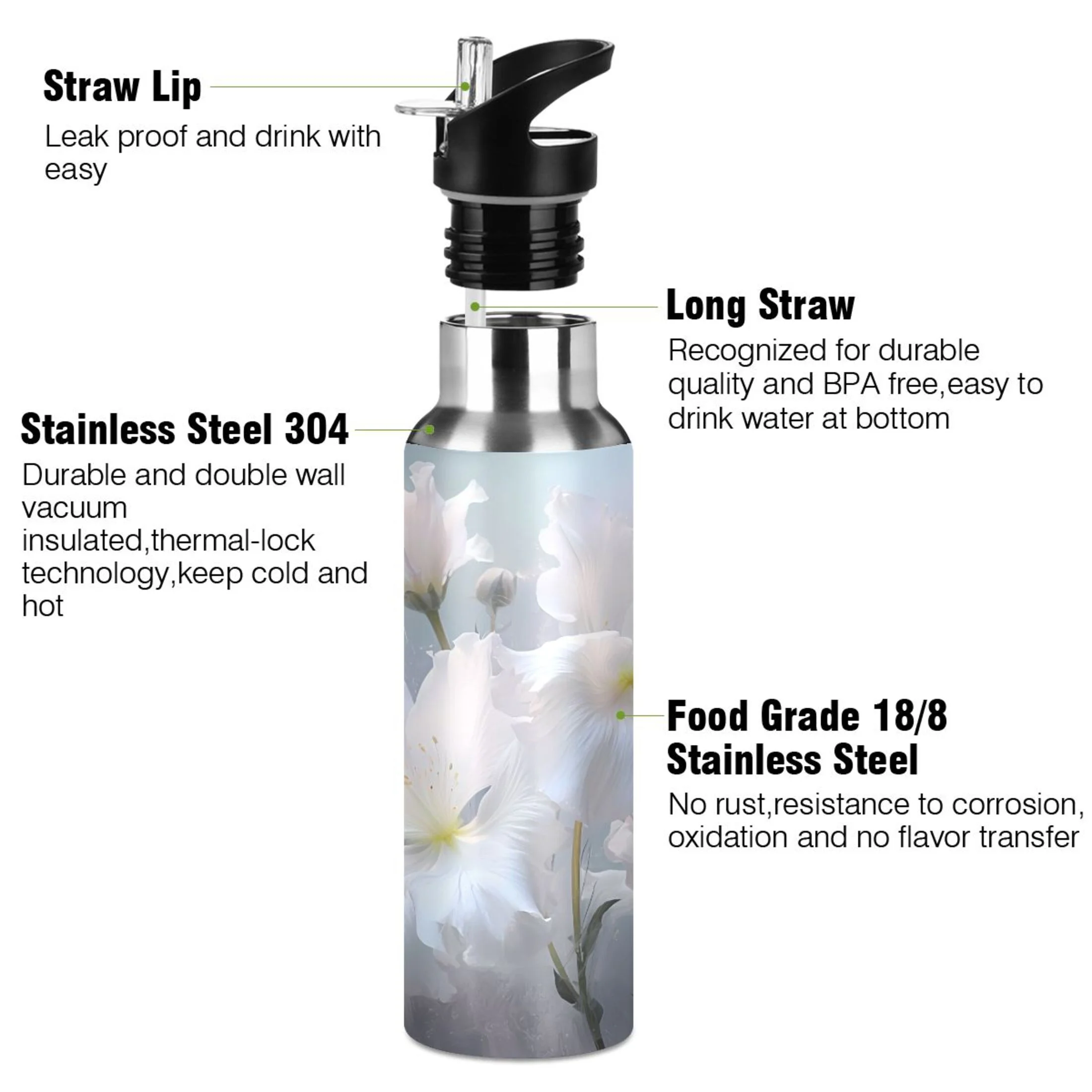 Water Bottle with Straw Lid Leak Lily White Flowers Floral Stainless Steel Insulated Thermos Vacuum Flask for Cold Hot Drinking for Sports Camping Gym Yoga