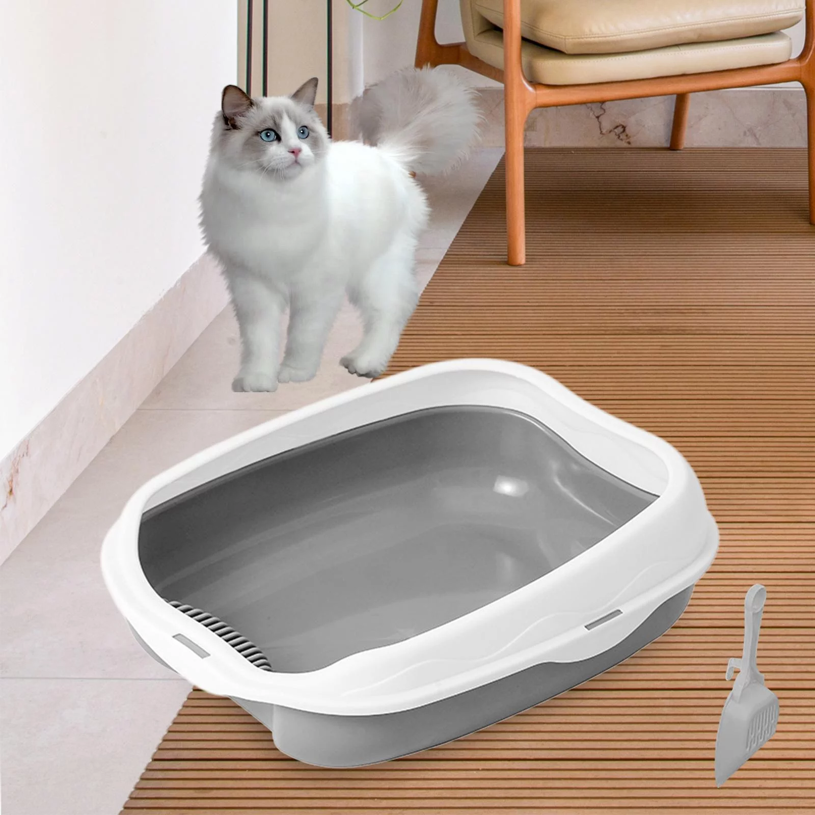Cat Pet Litter Tray Pet Supplies Easy to Clean Heighten Removable Cat Gray L 50x40x17cm