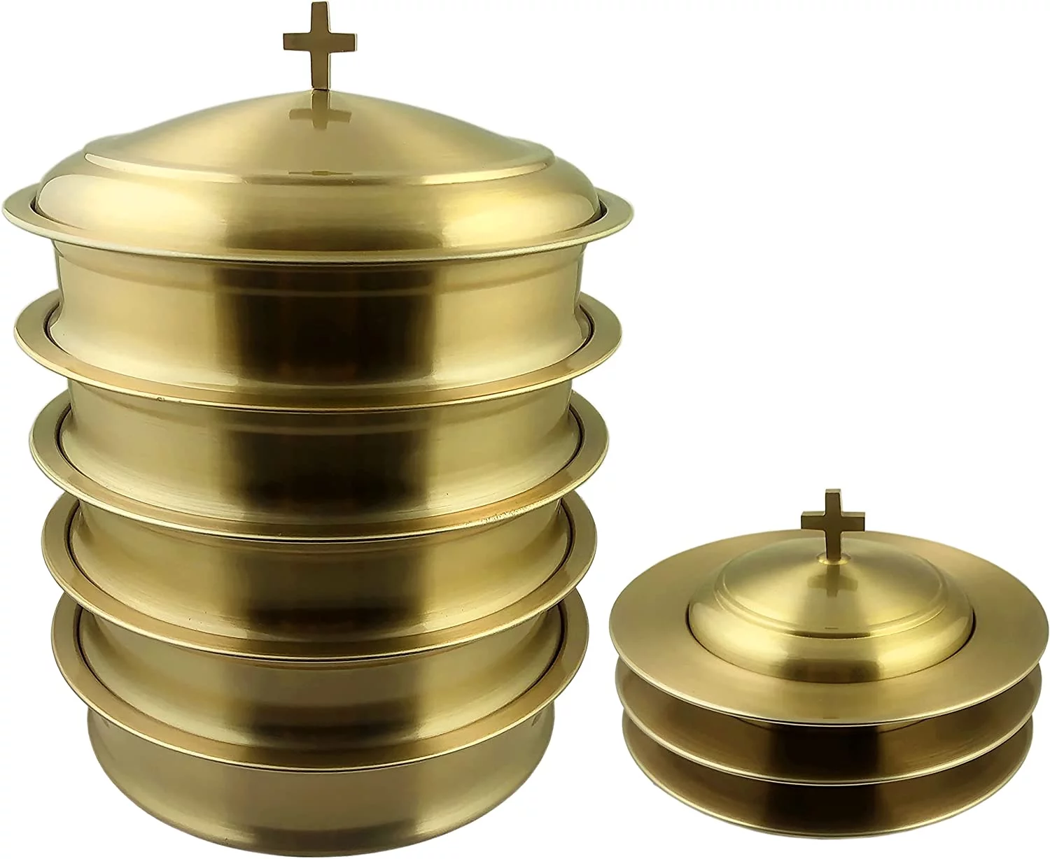Communion Ware 5 Holy Wine Serving Trays with a Lid & 3 Stacking Bread Plates with a Lid Stainless Steel - Brass/Gold