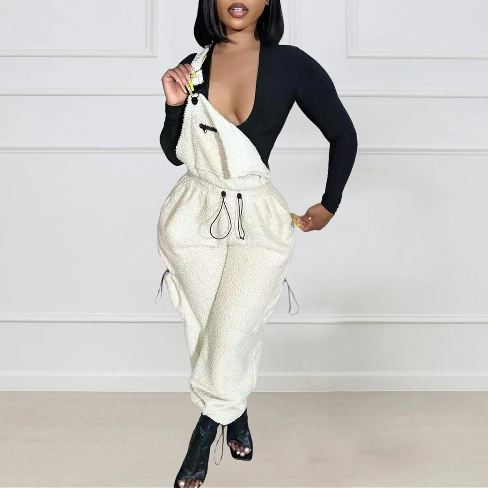 HHeiK Warm Fleece Overalls for Women One-piece Bibs Jumpsuits Warm Fuzzy Ski Pants with Multiple pockets