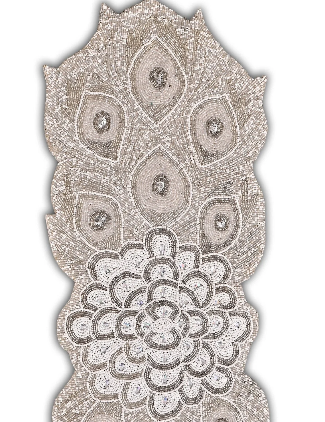 Handmade Beaded Table Runner, Peacock Feather Design Table Topper, Designer Tableware 13X36 Inch