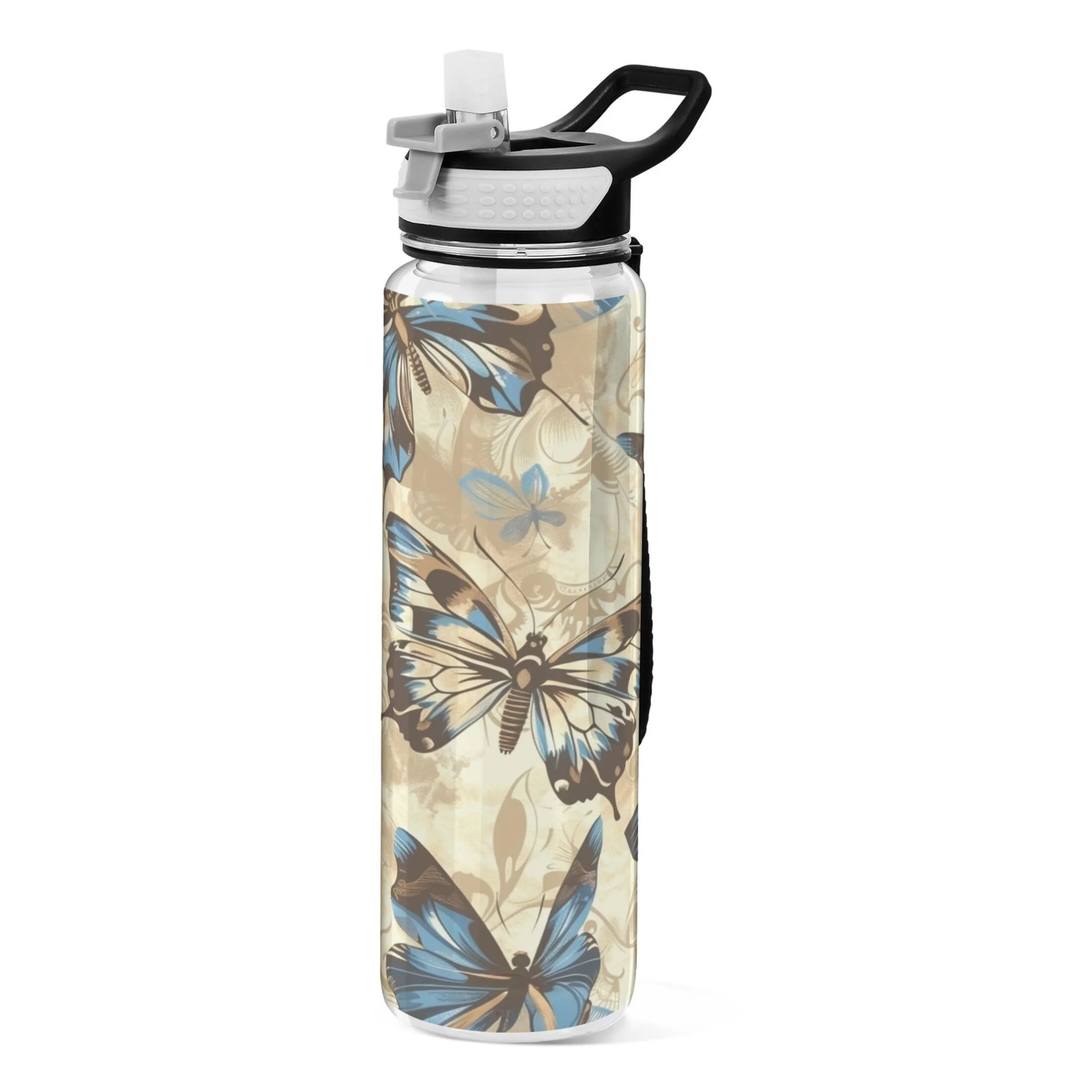 Blue Butterflies 32oz Sports Water Bottles Leakproof Tritan Bottle with Straw BPA Free Clear Bottle for Fitness Gym Outdoor Cycling