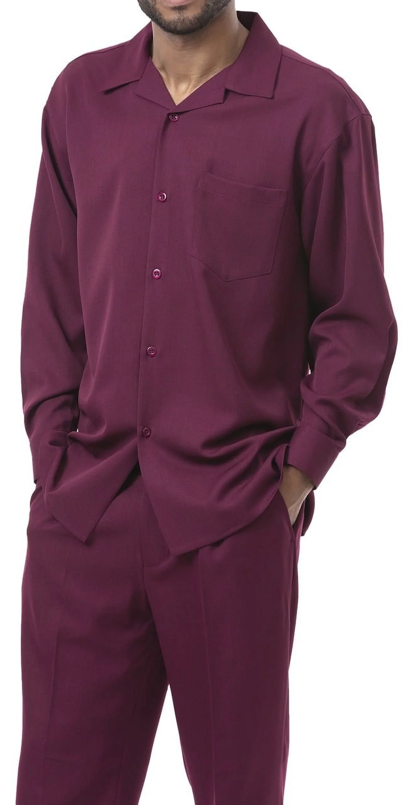 Montique Burgundy Solid 2 Piece Walking Suit Long Sleeve Shirt Men's Leisure Suit 1641