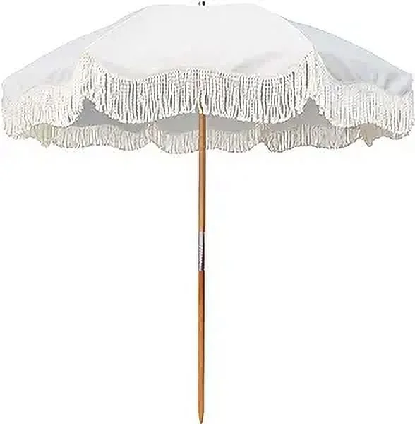 AMMSUN 6.5ft Boho Fringe Beach Umbrella with Tassel Premium Wood Pole UPF50+ UV Protection,White