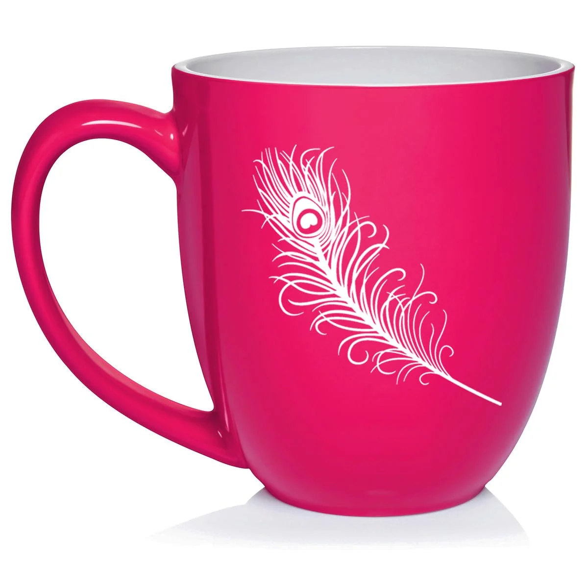 Peacock Feather Ceramic Coffee Mug Tea Cup Gift for Her, Him, Friend, Coworker, Wife, Husband (16oz Hot Pink)