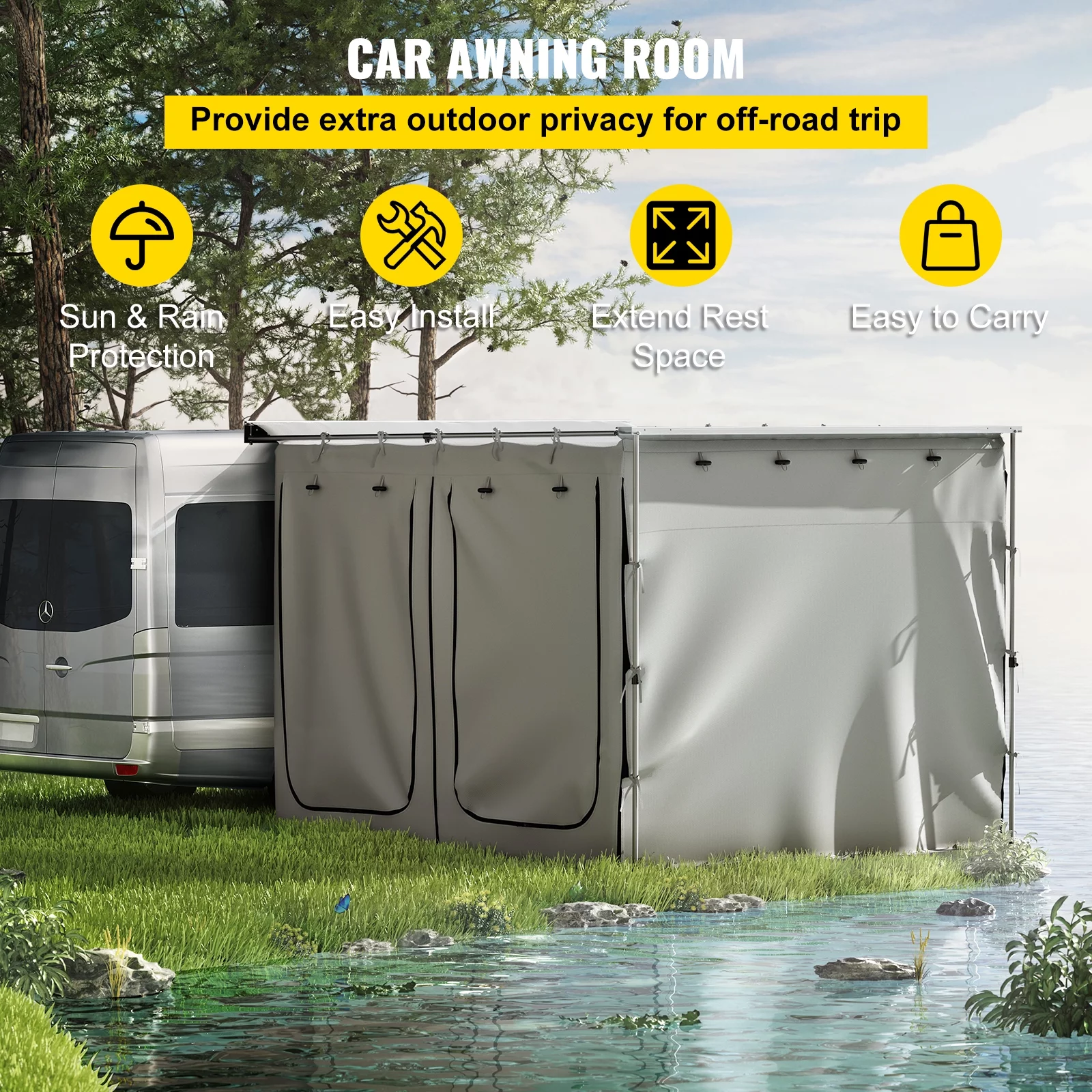 VEVOR Car Awning Room, Fit 6.5' x 8.2', 300D Oxford Car Awning Camping Tent with PVC Floor, Extend Shelter Side Wall Room for Car Awning SUV Tent Camper, Grey, Room Only