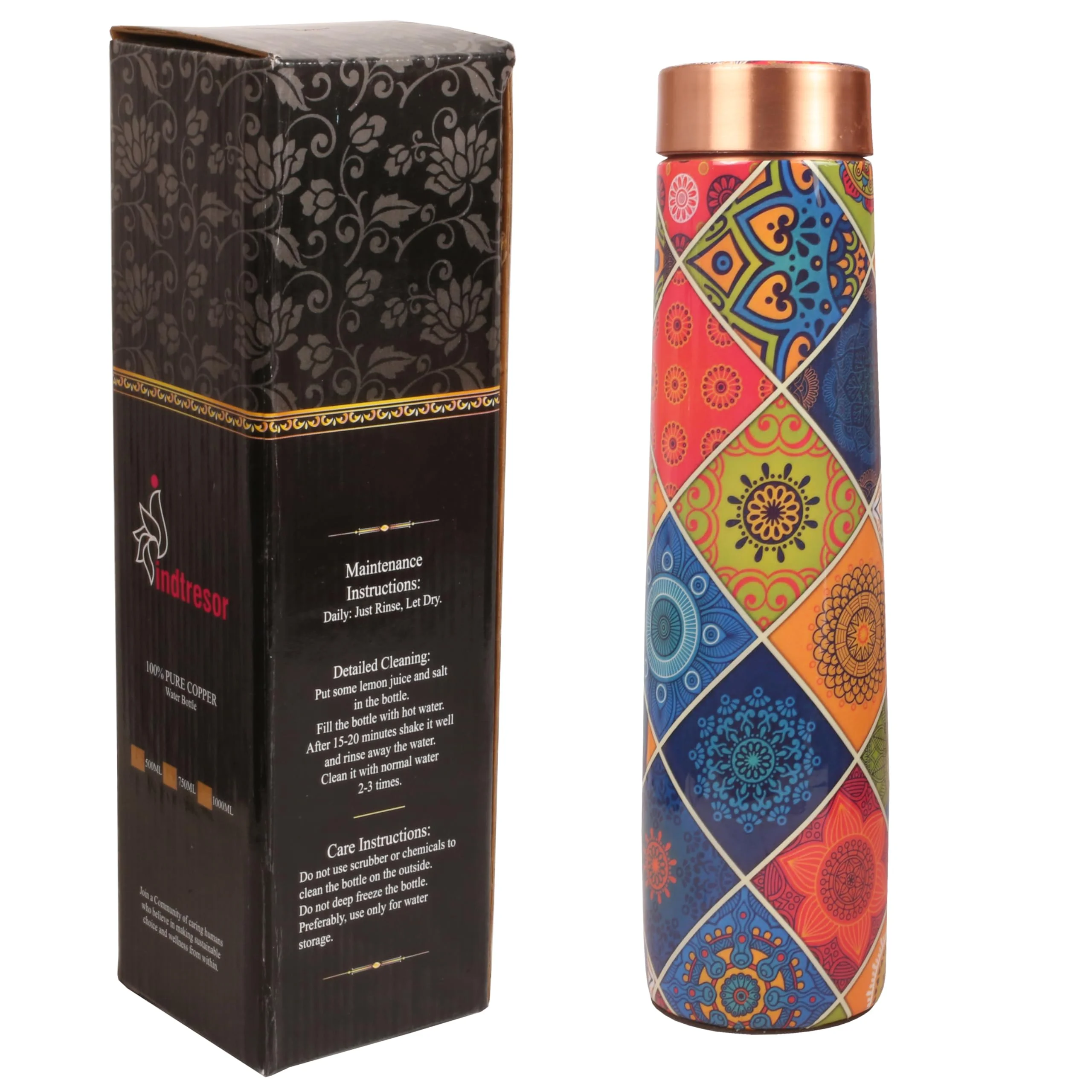 Indtresor Pure Copper Water Bottle - Handcrafted - Ayurveda Health Benefits - Large 35 OZ - Leak proof - Easy to carry for Sports, Fitness, Yoga, School - Textured Multicolor Floral Pattern.