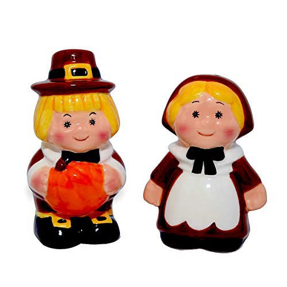 Holiday Salt and Pepper Shakers, Pilgrim Couple Holiday Ceramic Set, Thanksgiving Decor, Barclay?s Buys