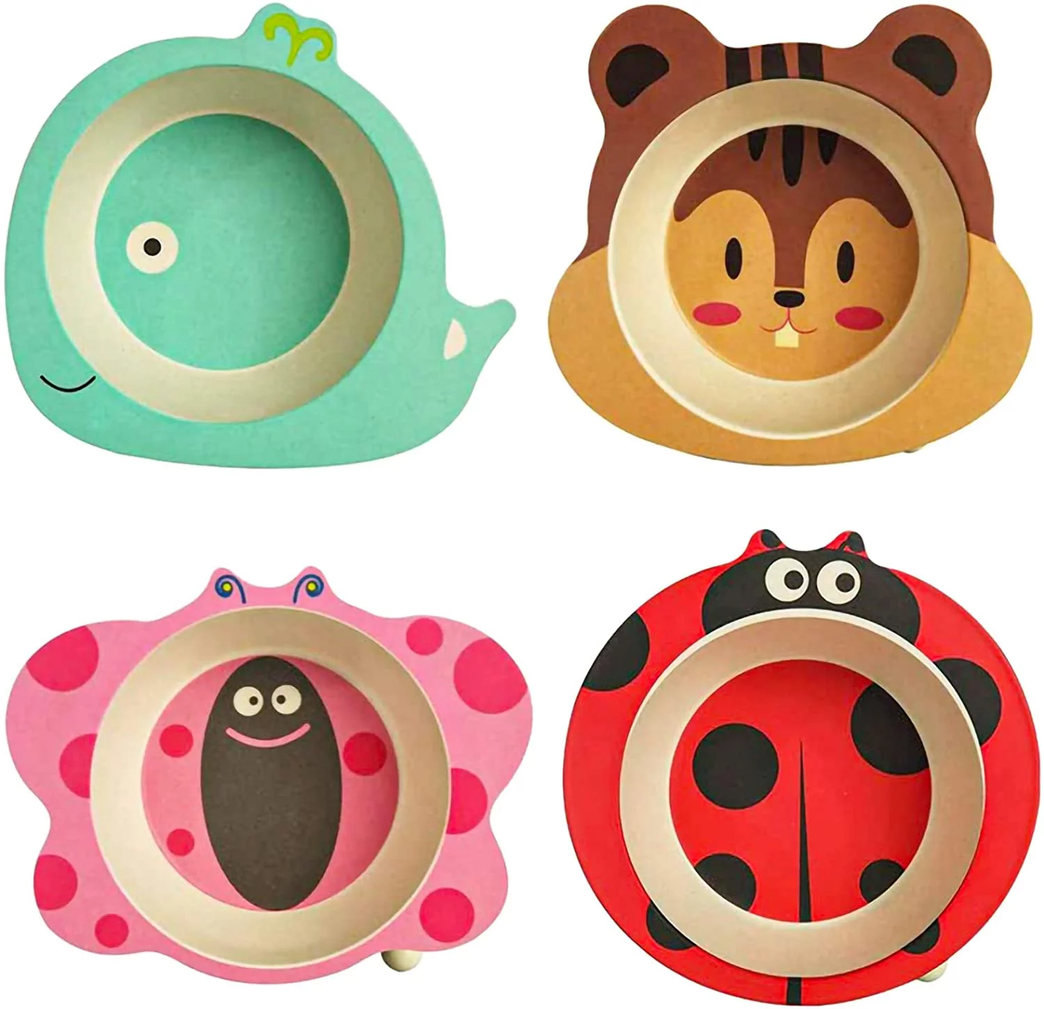 4Pack Bamboo Kids Bowls for Baby Feeding Plate Reusable Snack Cup Cereal Noodle Dish Bowl Set for Toddlers Boys Girls Dinnerware Set(Whale,Ladybird,Butterfly,Squirrel)