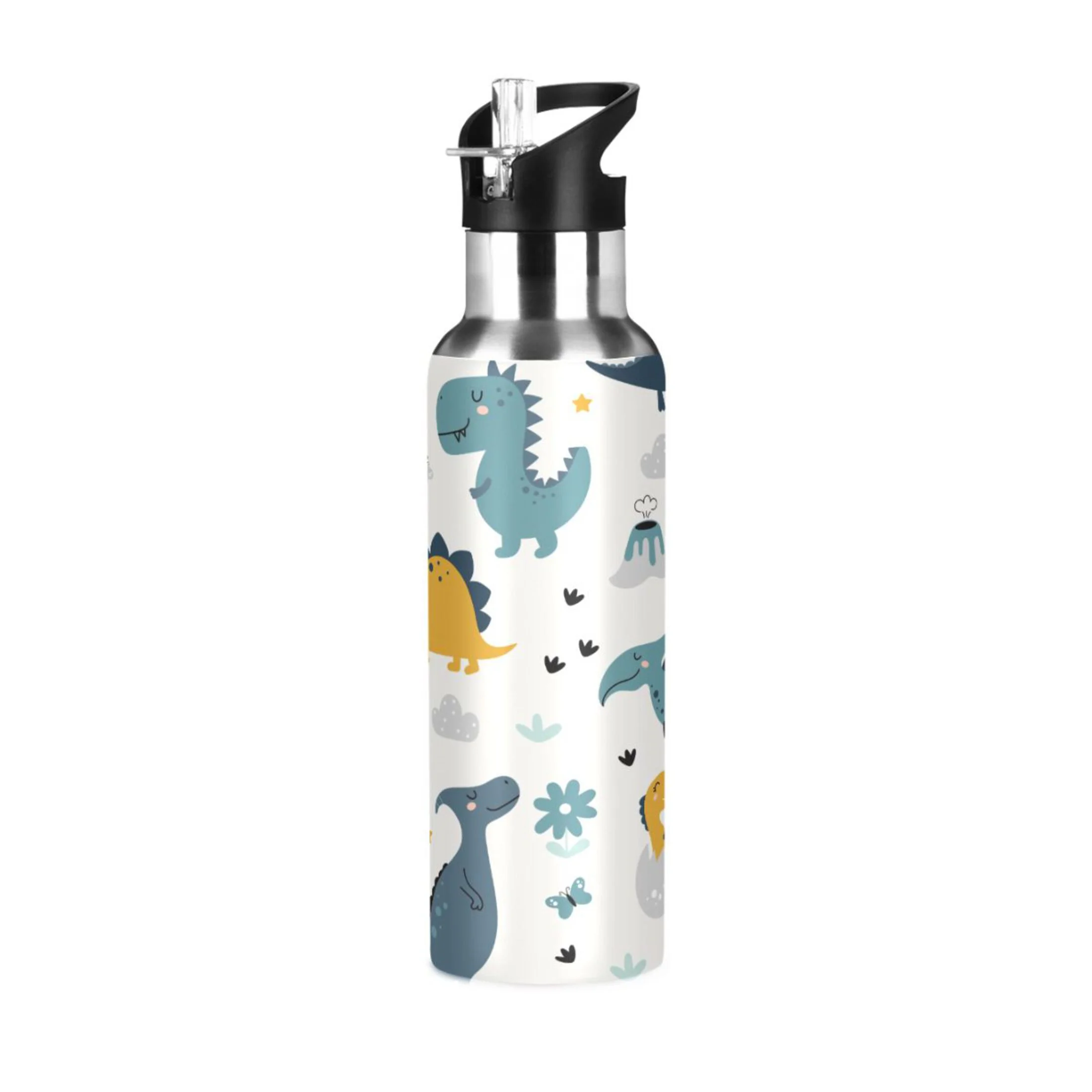 Water Bottle with Straw Lid Leak Cute Dinosaur Volcanoes Stainless Steel Insulated Thermos Vacuum Flask for Cold Hot Drinking for Sports Camping Gym Yoga