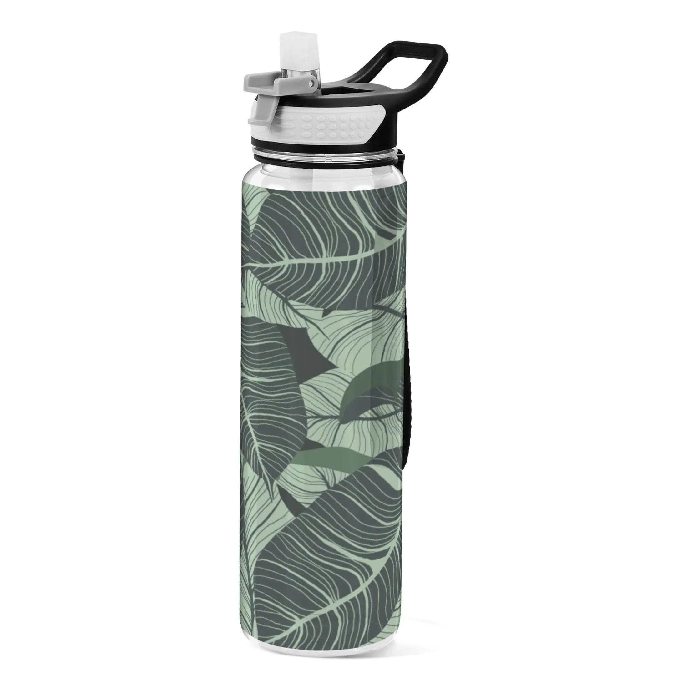 Tropical Green Leaves 32oz Water Bottles with Straw Tritan Leakproof Sports Bottle BPA Free Clear for Fitness Gym Swimming Cycling