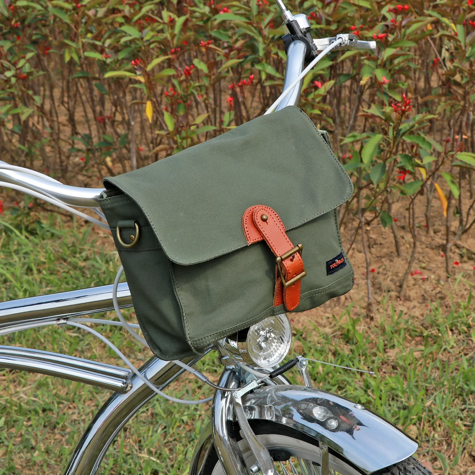 TOURBON Waterproof Waxed Canvas Bicycle Handlebar Bag Green Bike Front Tube Basket Pannier Messenger Pack Outdoor Accessories