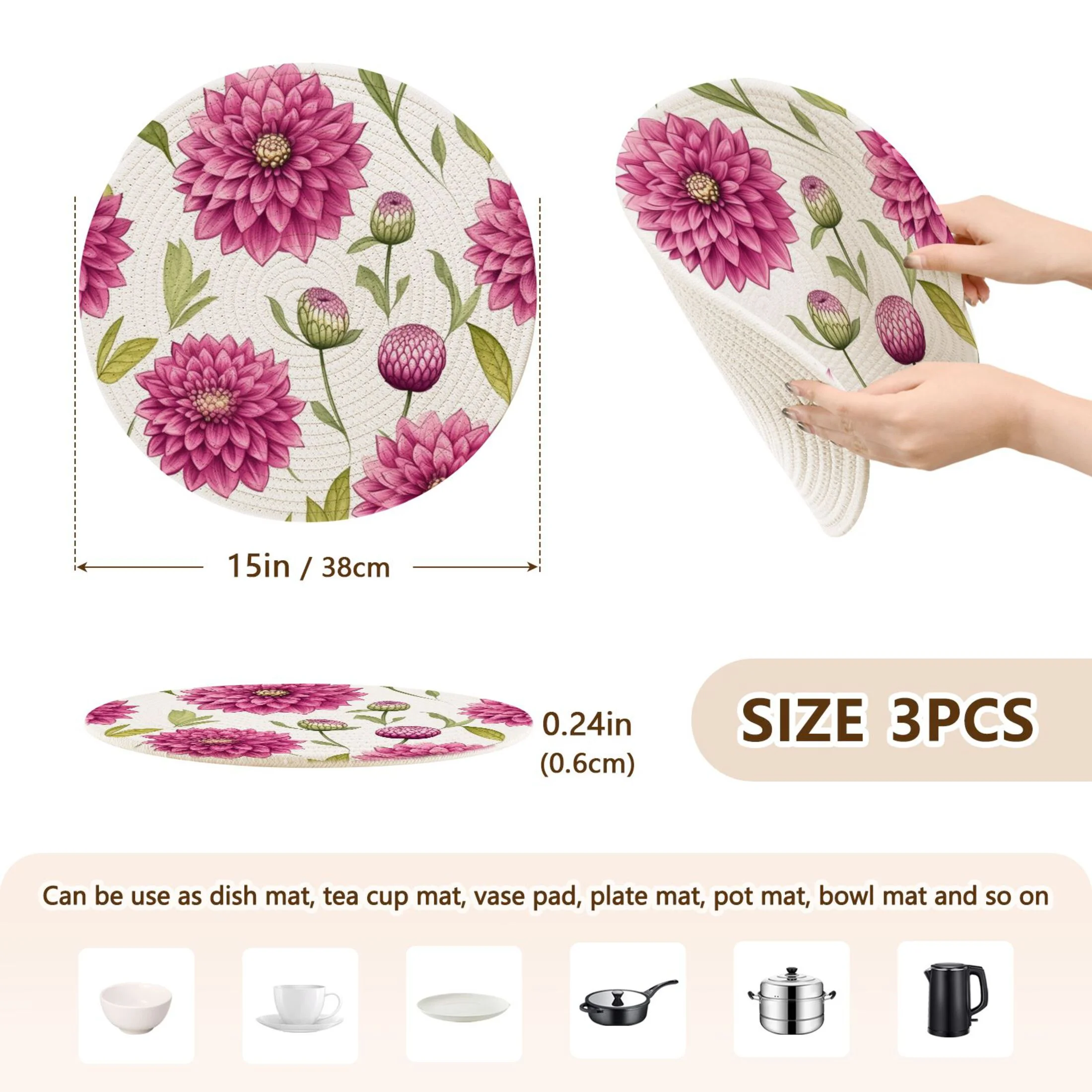 Blooming Flowers 3 PCs Pot Holders Trivets Kitchen 15