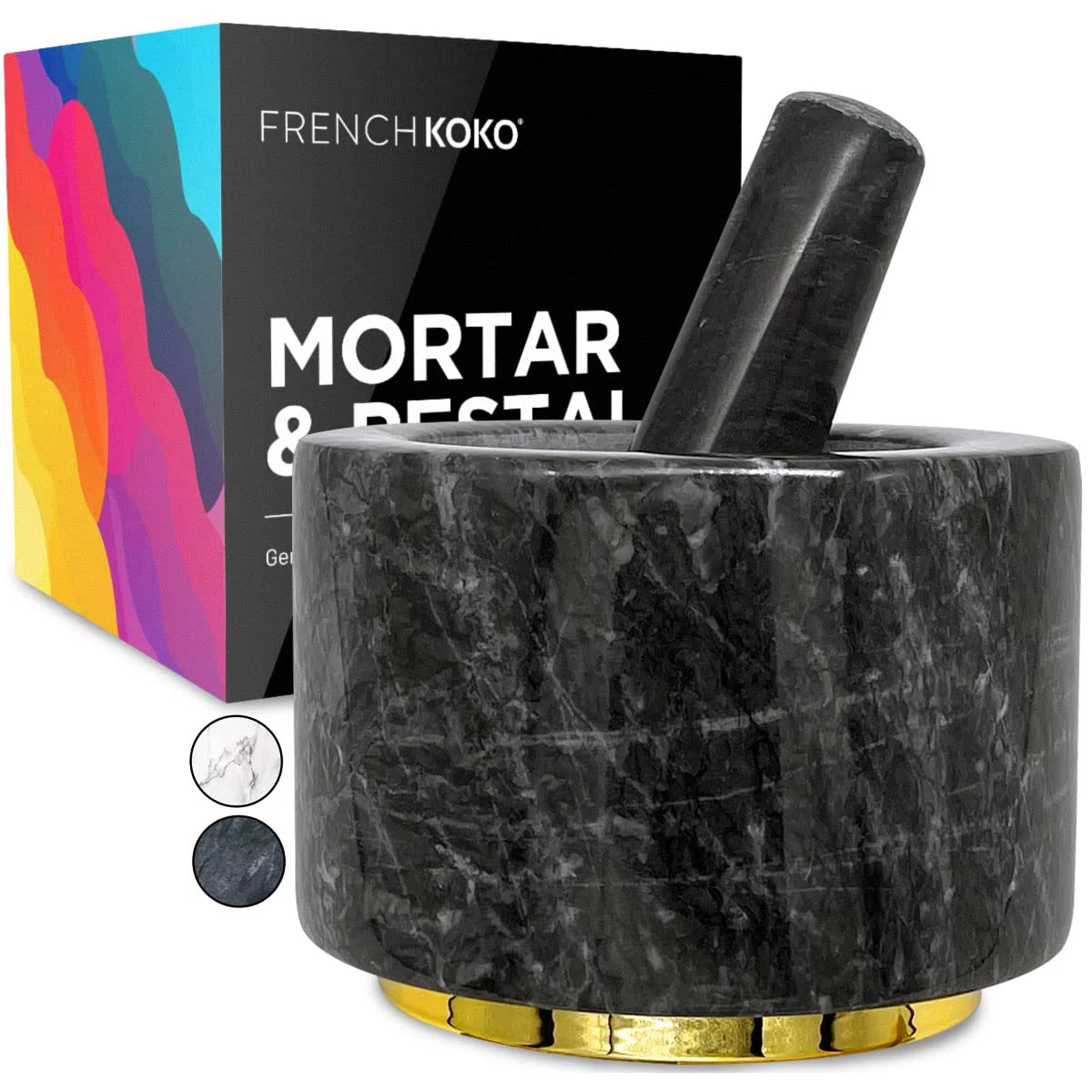 French KOKO Large Marble Mortar and Pestle Set with Gold Accent Pretty Guacamole Pestle and Mortar Gift Mortero Cocina Marmol Muddler for Cocktails Pill Crusher Herb Grinder Molcajete Mexicano Black