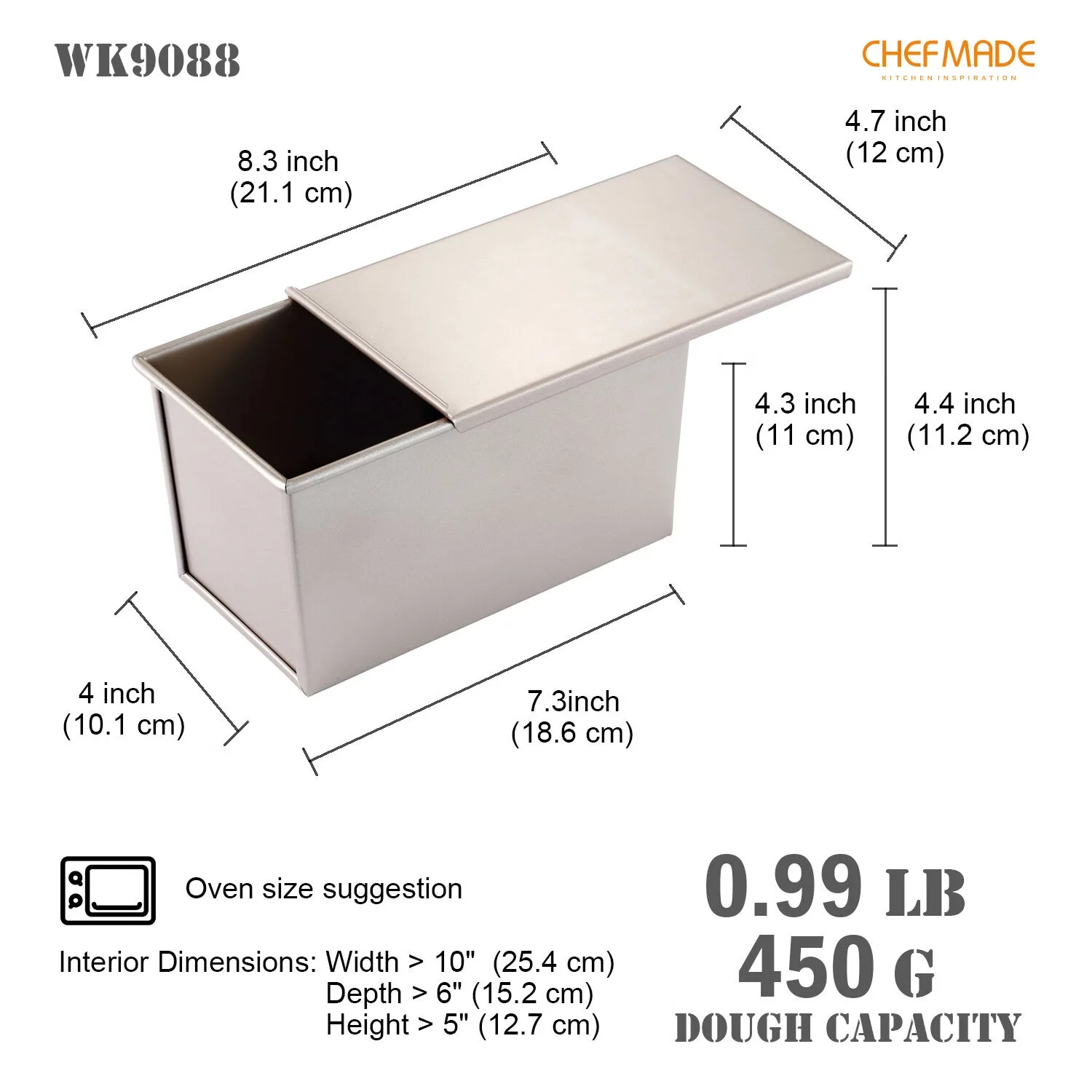 CHEFMADE Pullman Loaf Pan, 0.99Lb Dough Capacity Non-Stick Rectangle Flat Toast Box with Lid for Oven Baking 4.2