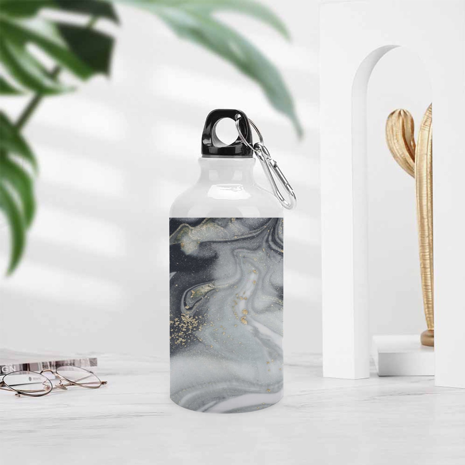 GZHJMY Sports Water Bottles, Black Marble Abstract Style Large Capacity Aluminium Portable Leakproof Lightweight Drink Bottles for Fitness and Outdoor Enthusiasts