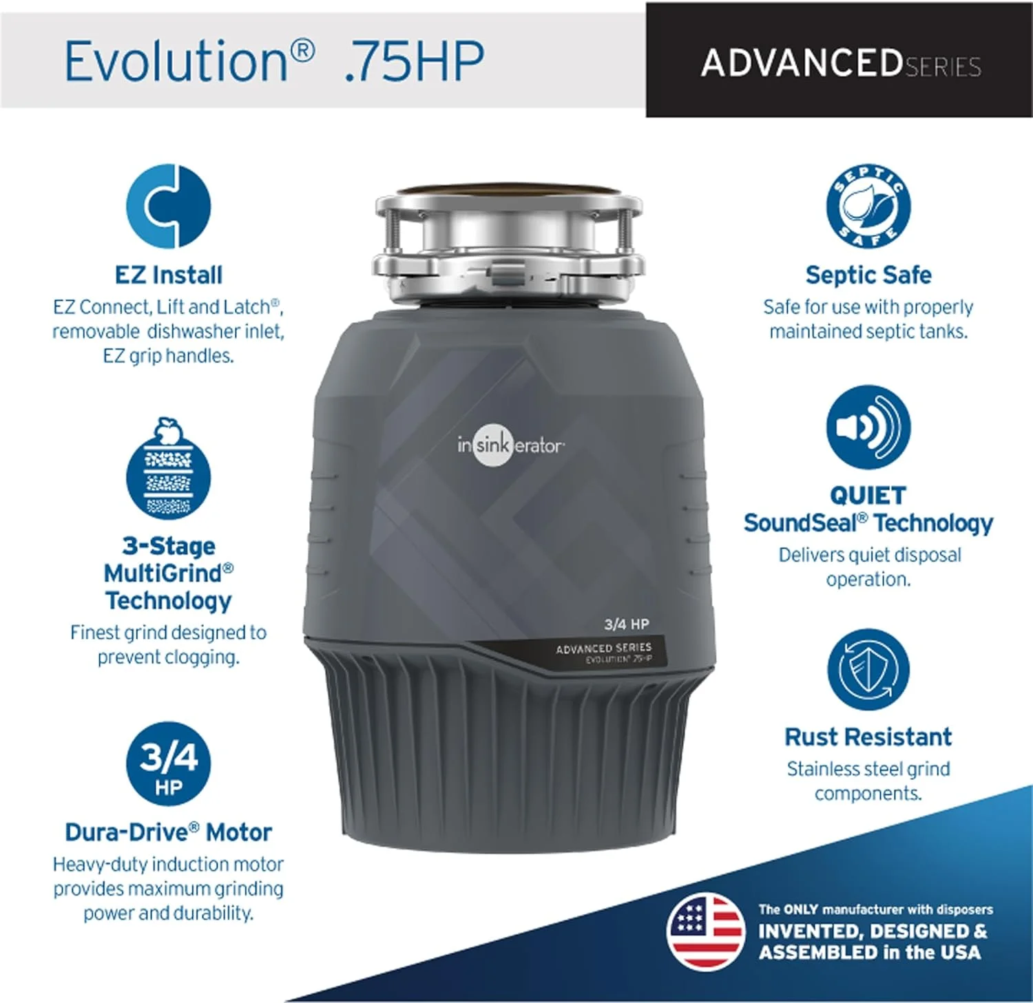 InSinkErator 80021-ISE Evolution Garbage Disposal, 3-Stage MultiGrind Technology, .75 HP - Quantity 1