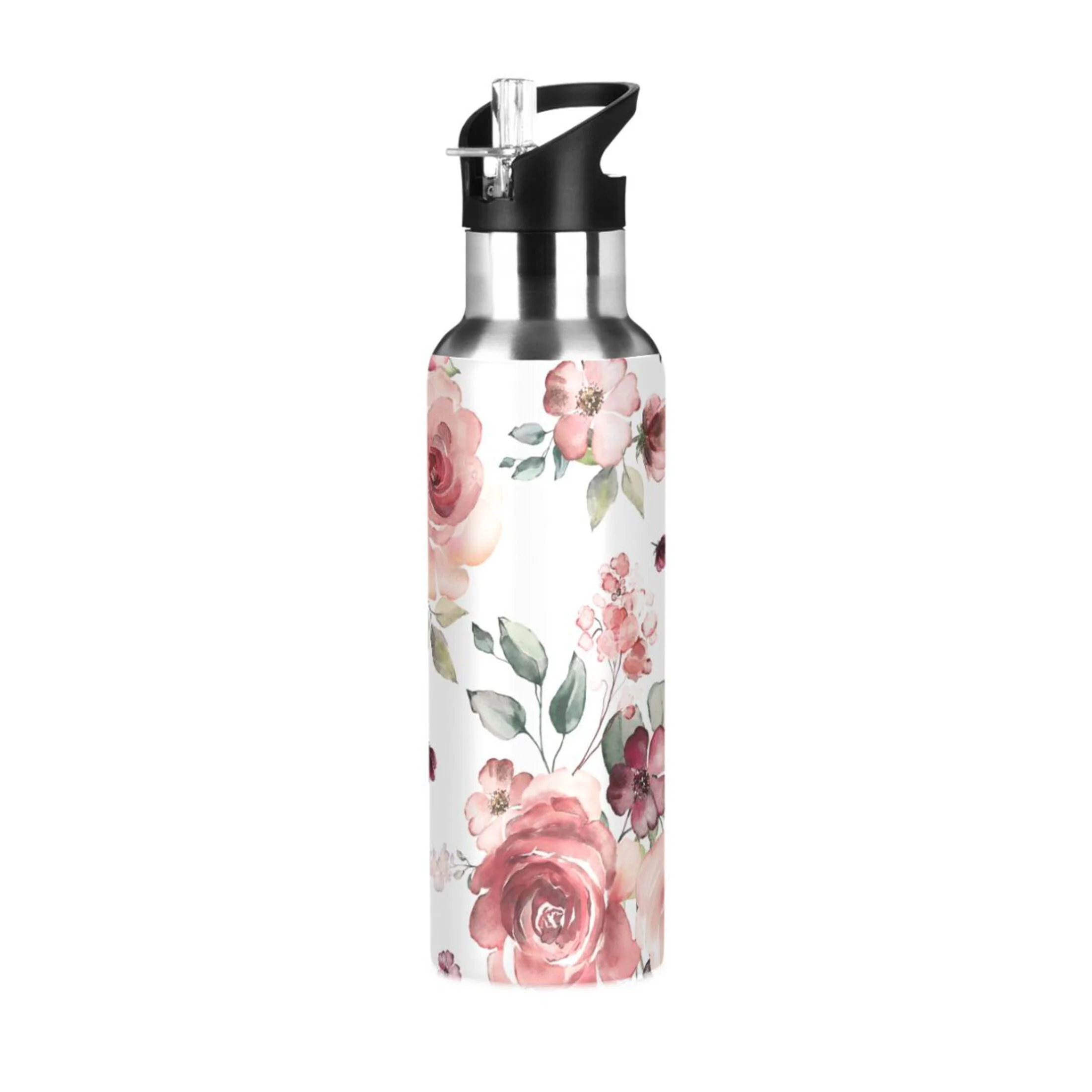 Stainless Steel Water Bottle Floral with Straw Lid Vacuum Insulated Leak Proof Flask Jug for Gym Travel Sports Cycling Outdoor 20 OZ
