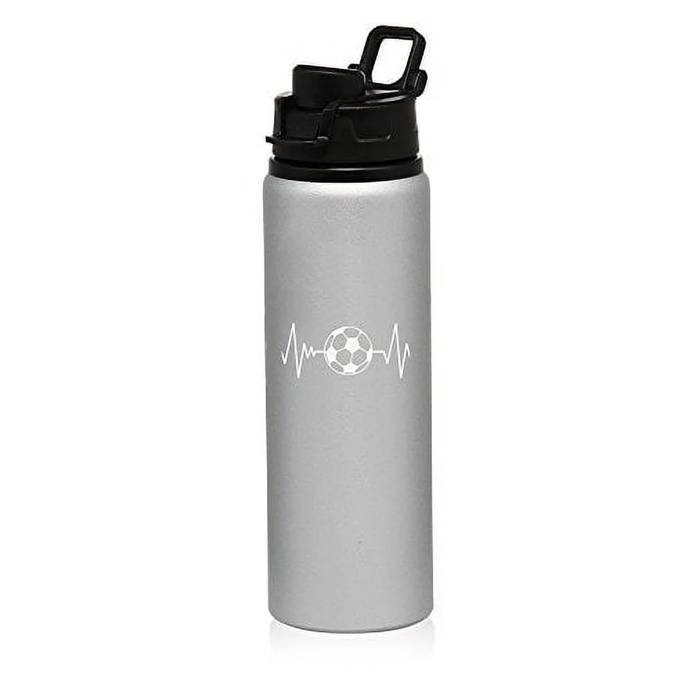25 oz Aluminum Sports Water Travel Bottle Heart Beats Soccer (Silver)