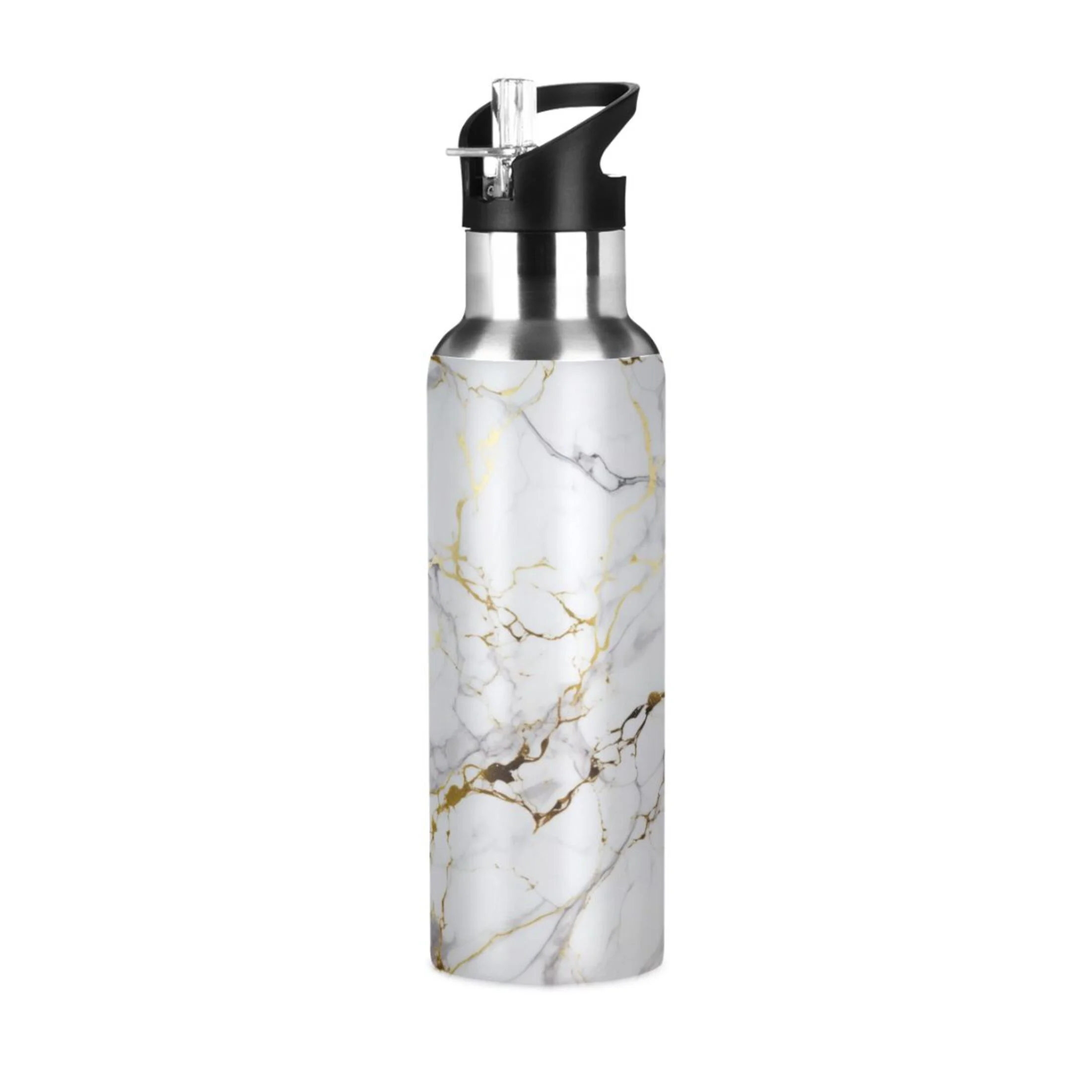 Water Bottle with Straw Lid Leak White and Gold Marble Stainless Steel Insulated Thermos Vacuum Flask for Cold Hot Drinking for Sports Camping Gym Yoga