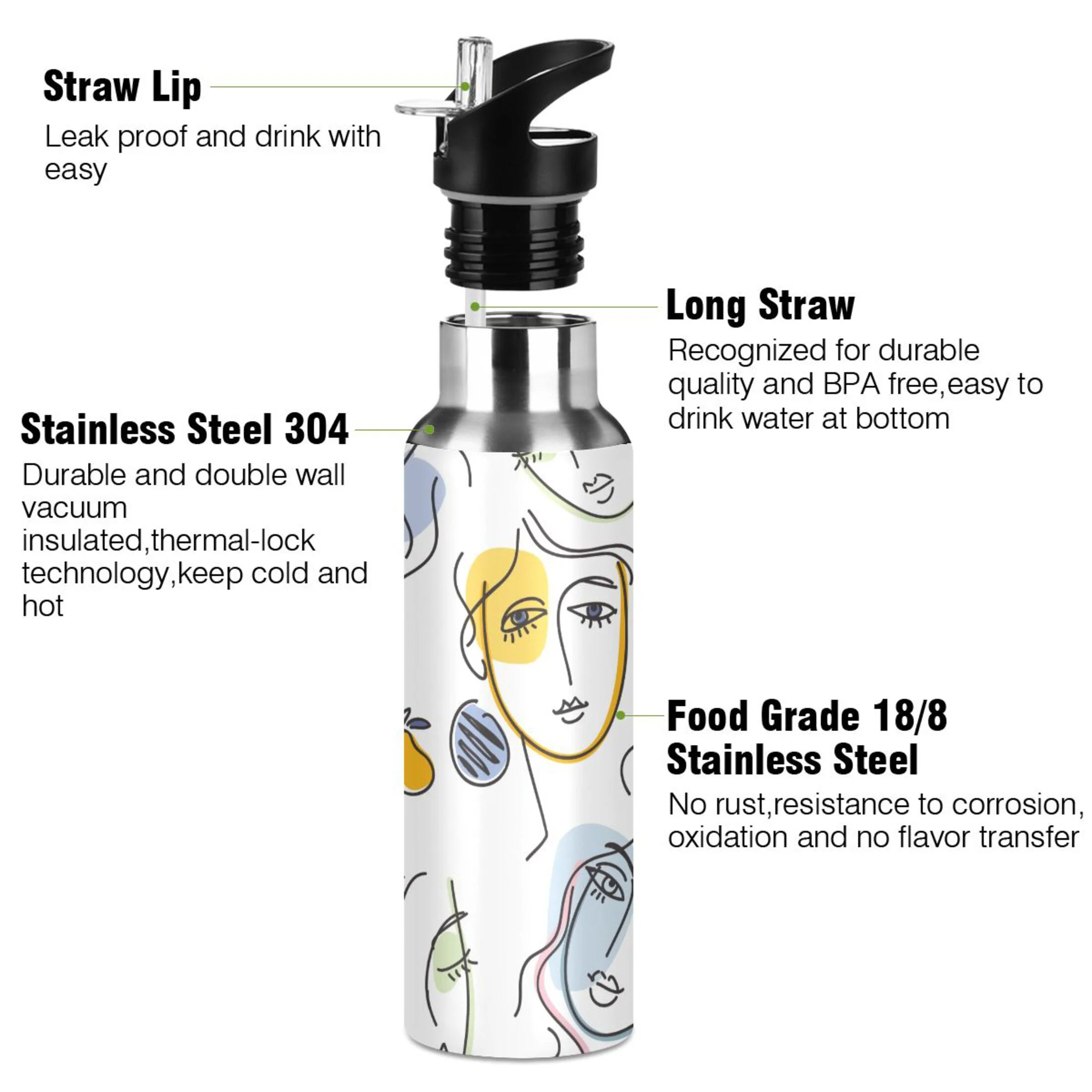 Water Bottle with Straw Lid Leak Trendy Abstract Portraits Women Stainless Steel Insulated Thermos Vacuum Flask for Cold Hot Drinking for Sports Camping Gym Yoga
