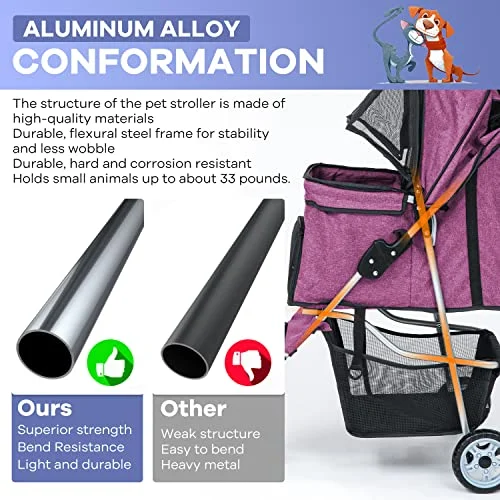 Pet Stroller, Dog Stroller Wheels Carrier Strolling Cart Waterproof Travel Folding Cart for Puppy Small-Medium Dog, Cat with Cup Holder, Locking Wheel (Purple)