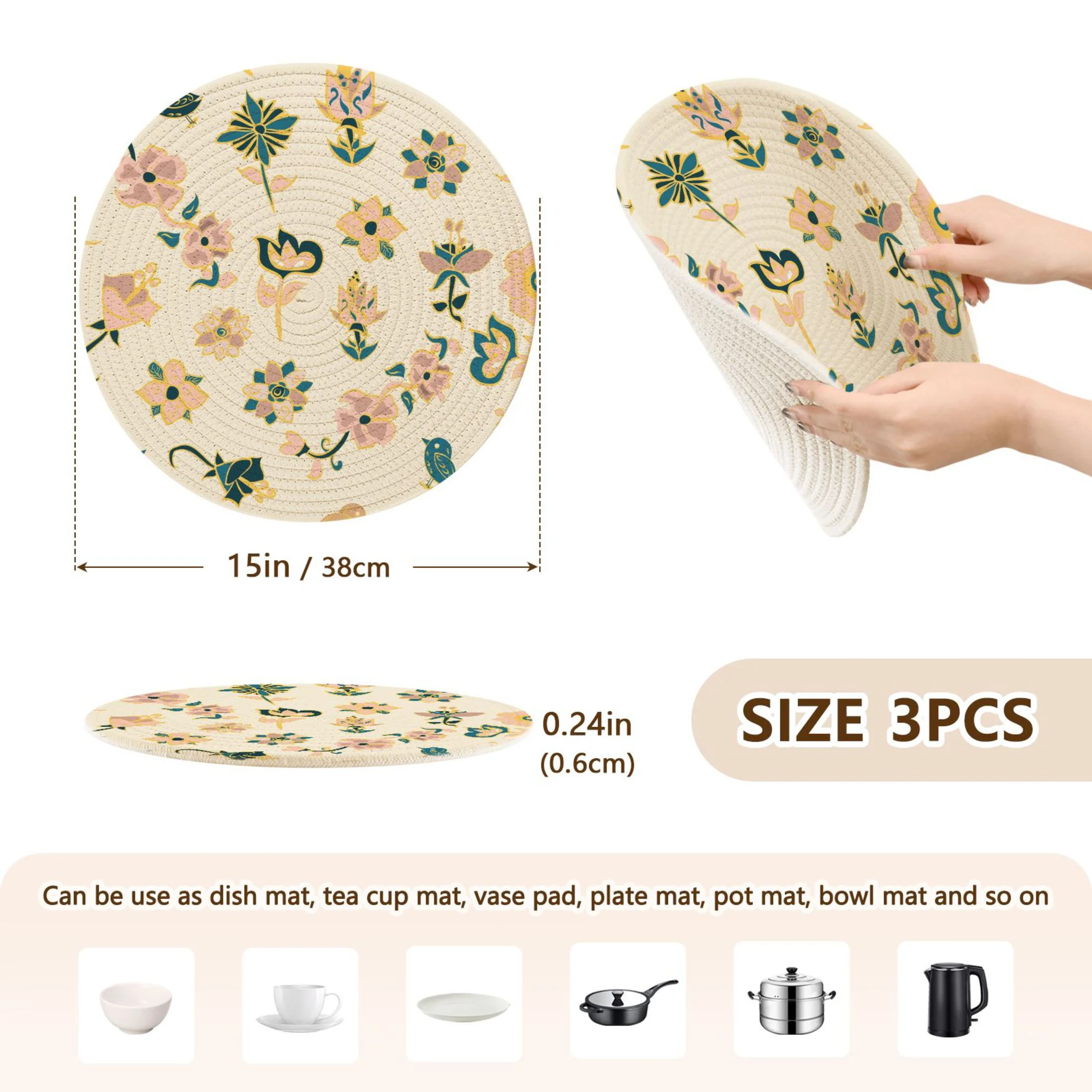 Pink Navy and Gold Flowers 3 PCs Pot Holders Trivets Kitchen 15