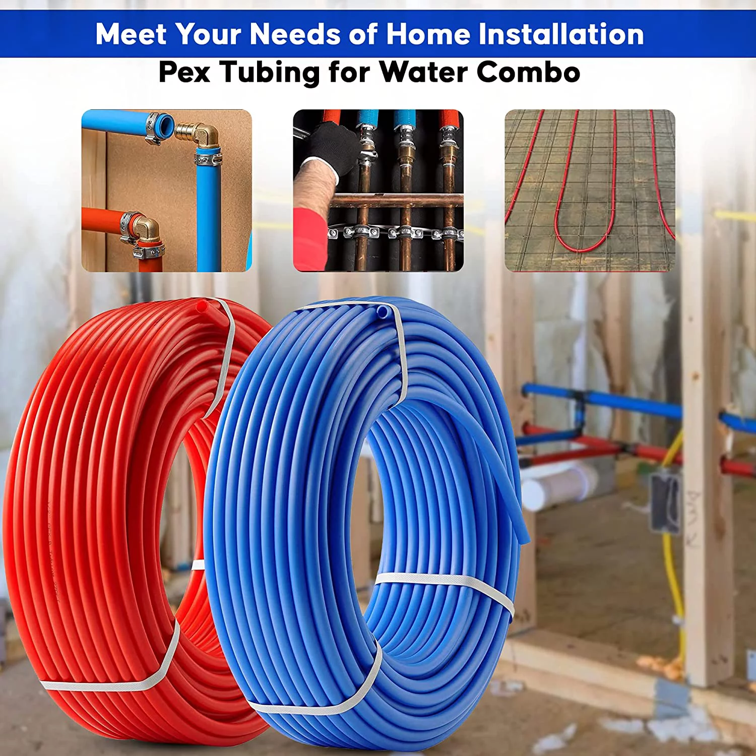 DMNI PEX Tubing 1/2 inch - PEX Pipe 1/2 inch - 1/2 inch x 50 ft PEX Pipe (50 ft, Blue & Red)