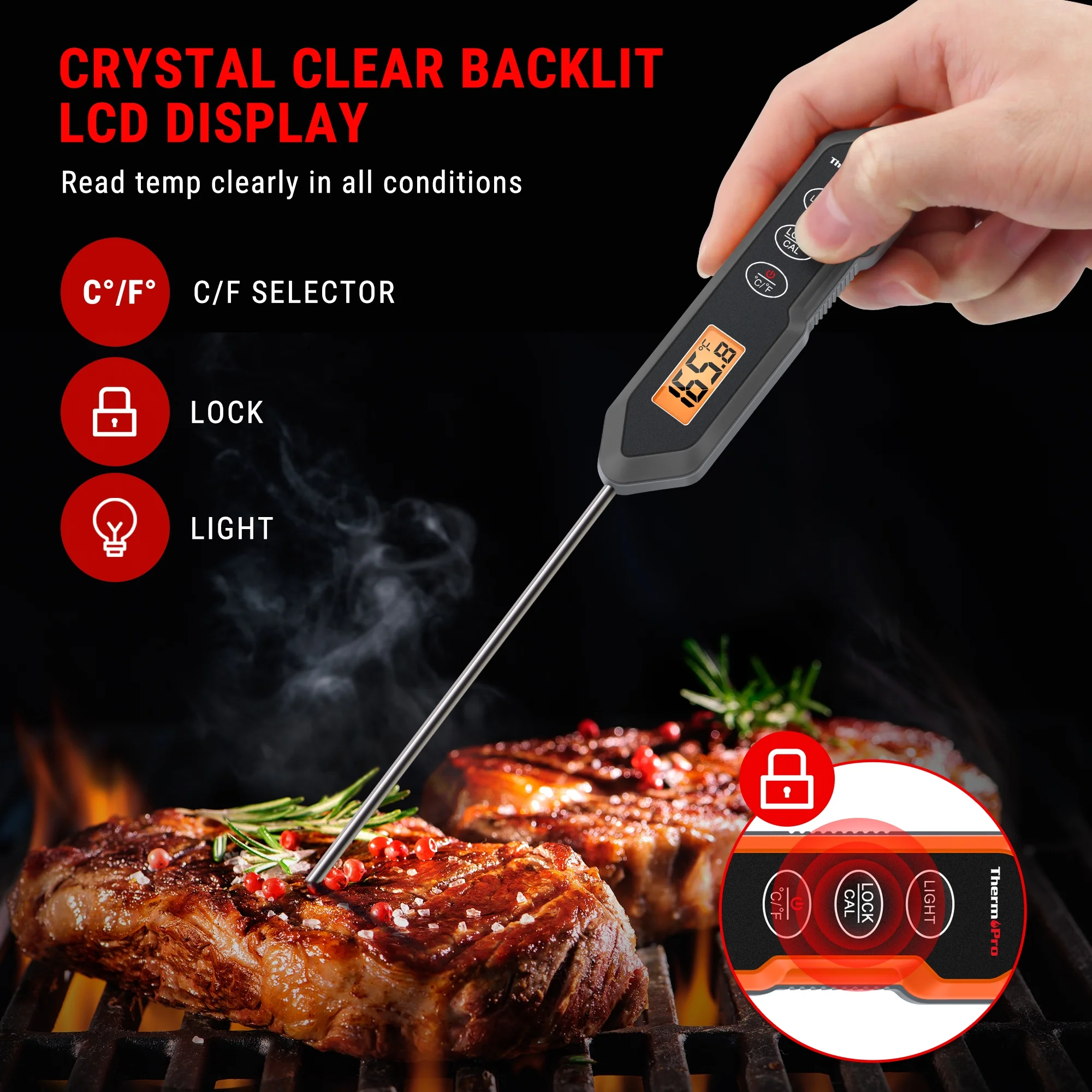 ThermoPro TP15HW Waterproof Digital Meat Thermometer with Stainless Steel Probe and LCD Display