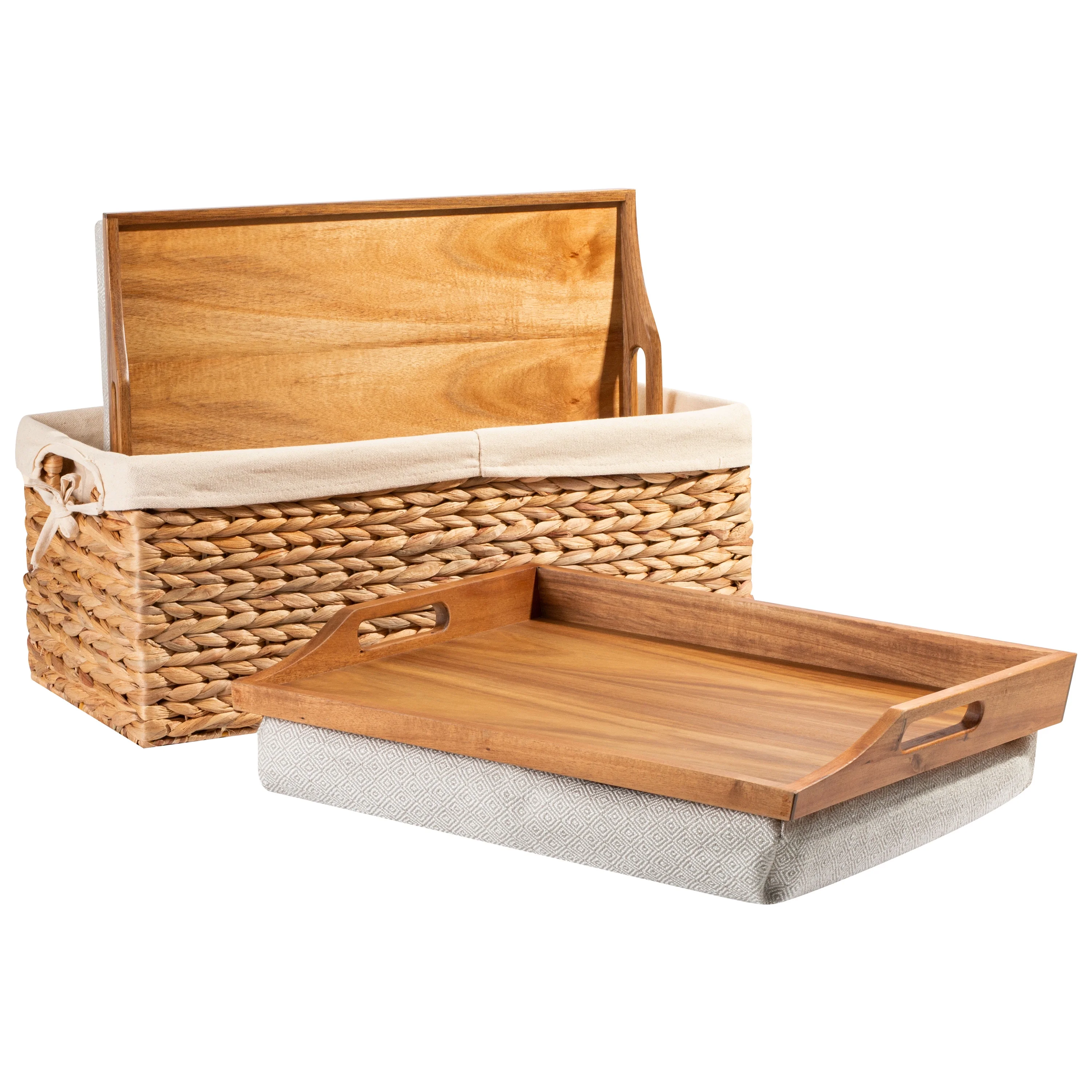 Set of 2 Lap Trays with Basket, Natural Acacia