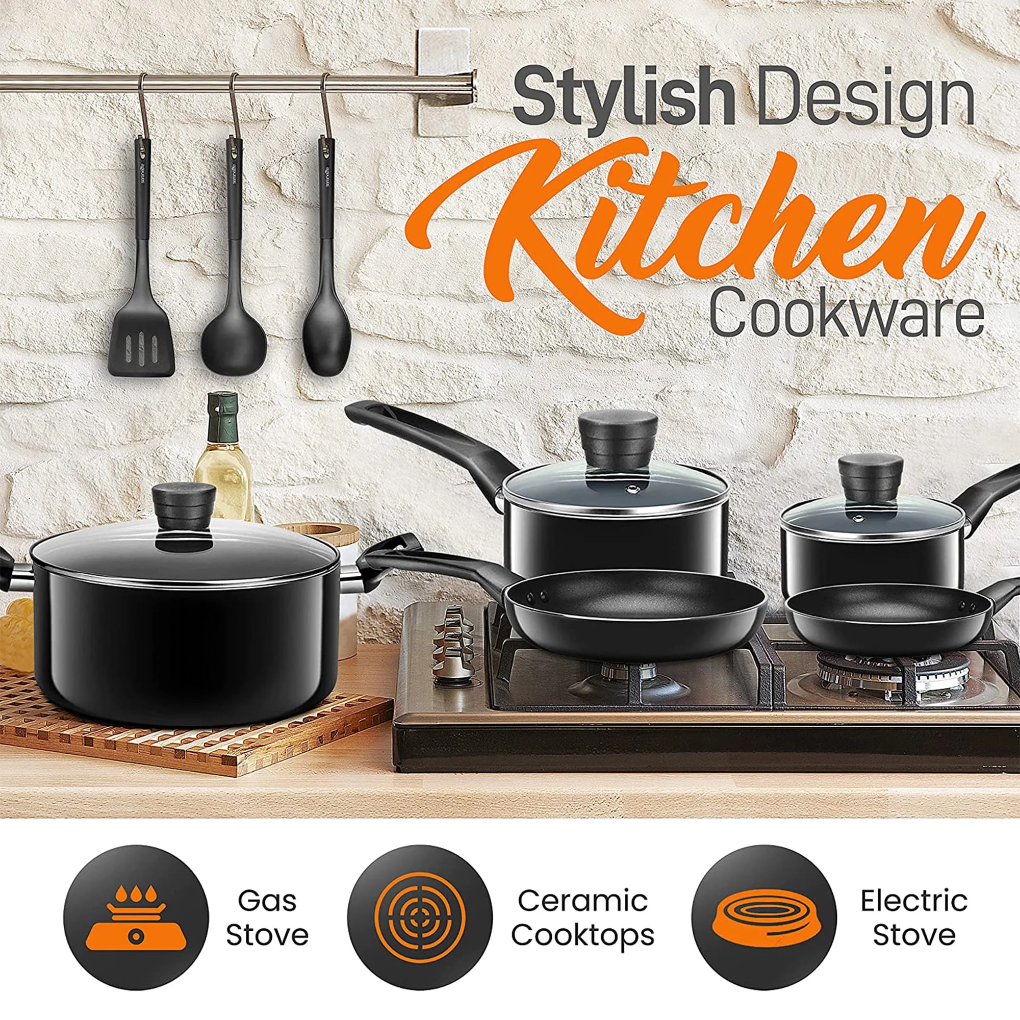 SereneLife 11 Piece Non Stick Pots, Pans, and Utensil Cookware Set, Black