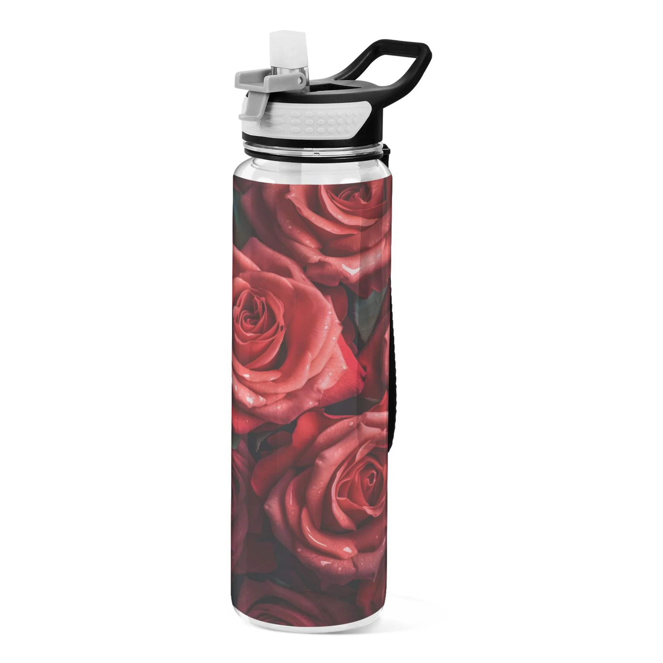 Red Roses Flowers 32oz Water Bottles with Straw Tritan Leakproof Sports Bottle BPA Free Clear for Fitness Gym Swimming Cycling