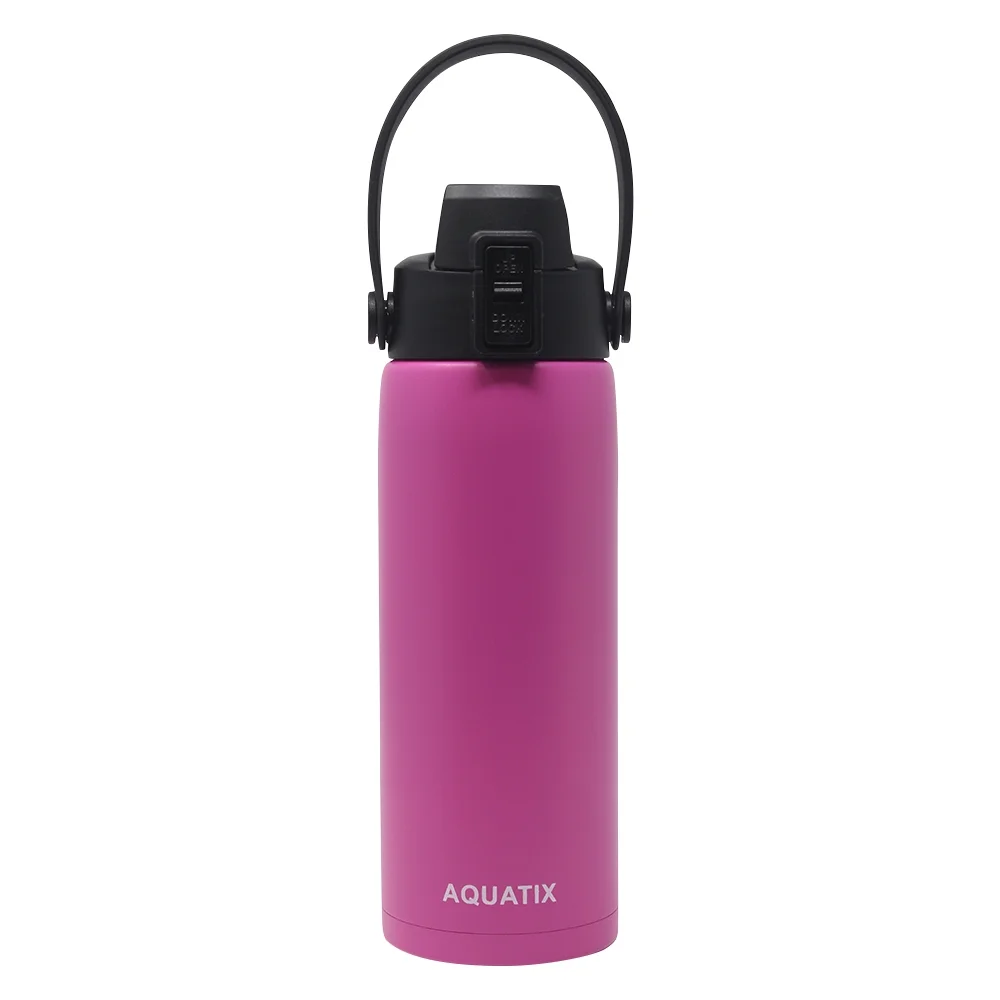 Aquatix (Pink, 21 Ounce) Pure Stainless Steel Double Wall Vacuum Insulated Sports Water Bottle Convenient Flip Top Cap Removable Strap Handle - Keeps Drinks Cold 24 hr/Hot 6 hr