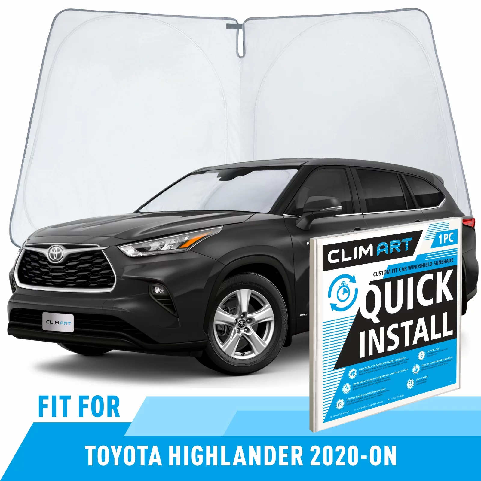 CLIM ART Windshield Sun Shade for Toyota Highlander 2020-2024 - Custom-Fit Foldable Car Sun Shade - Car Sunshade - Vehicle Sun Protector - Front Auto Windshield Cover, Car Windshield - WS2006