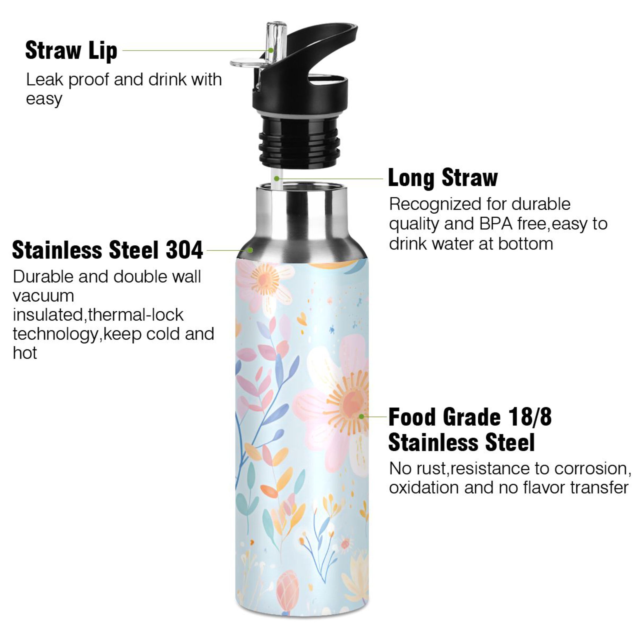 Daisy Floral Water Bottles Insulated Thermos Kids Stainless Steel Bottle with Straw Lid Flask Leakproof for Sports Gym 20 oz