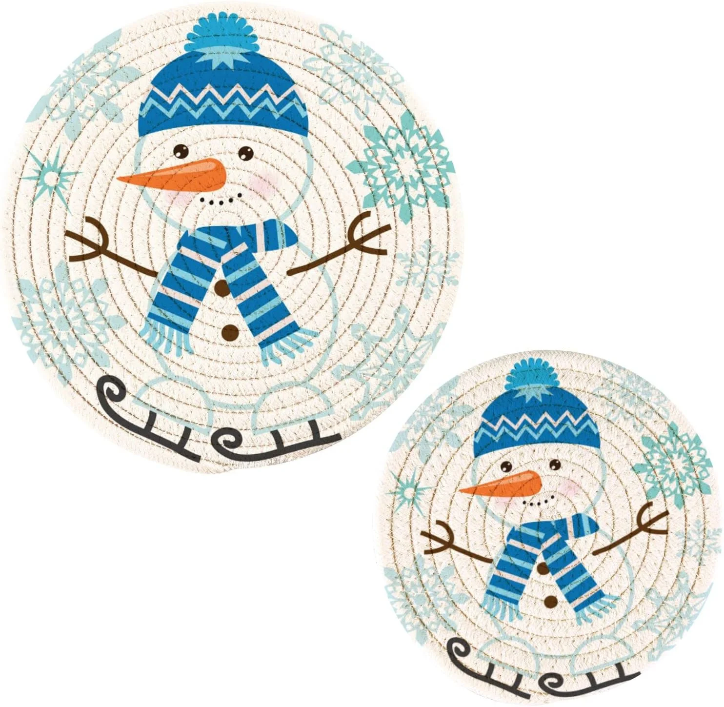 GZHJMY Christmas Snowman Heat Resistant Trivets Potholders 2PCS, Round Cotton Weave Handmade Pot Holder, Non-Slip Hot Mats Kitchen Dining Plate Mat for Kitchen Pans Bowl Teapot