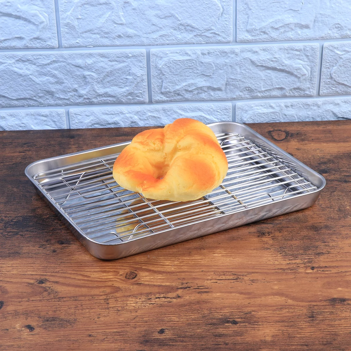 2 Pieces/Set Rectangular Baking Tray Stainless Steel Baking Pan Sheet with Removable Cooling Rack - 26x20x2.5cm